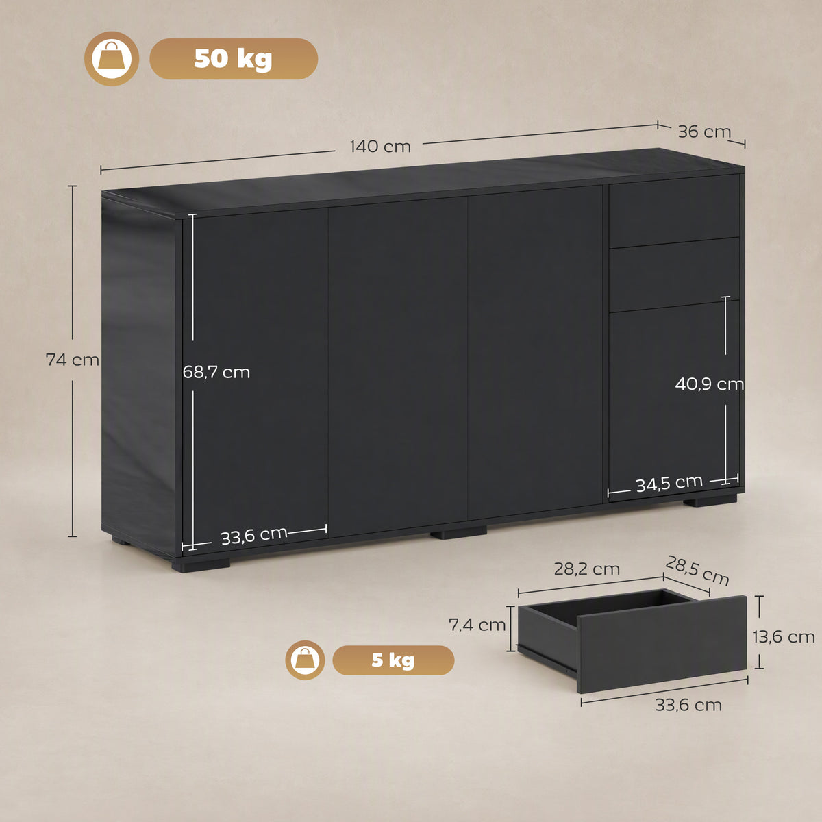 Buffet meuble de rangement 2 tiroirs coulissants 4 portes étagère réglable panneaux de particules 140 x 36 x 74 cm noir-2