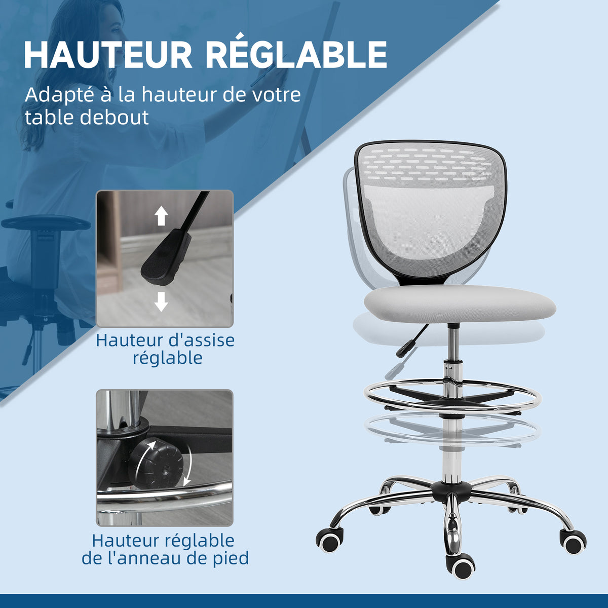 Chaise de bureau ergonomique en maille, chaise de dessin, hauteur et repose-pieds réglable, 59 x 59 x 106-126 cm, gris-4