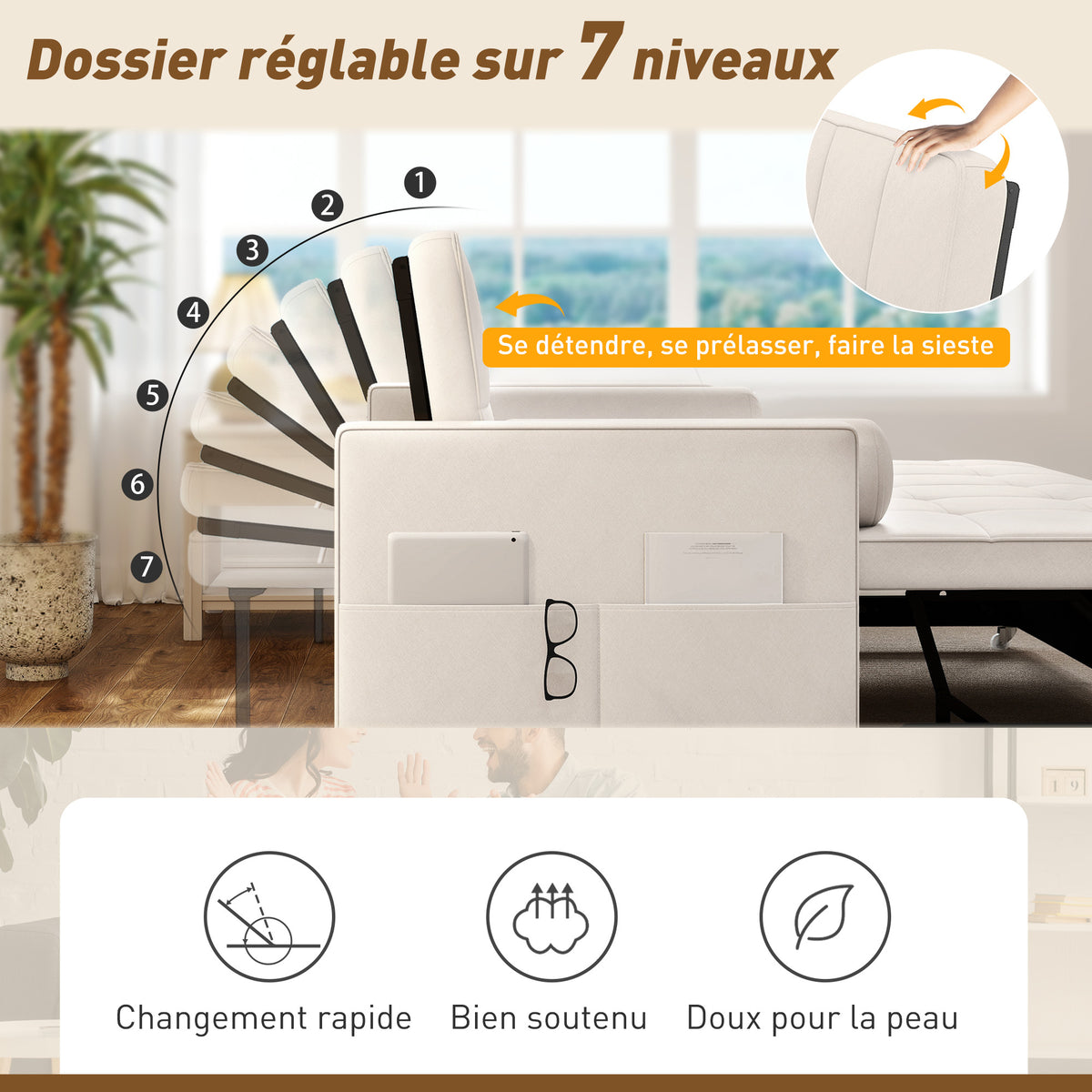 Canapé convertible 2 places 3 en 1 canapé-lit avec lit gigogne double dossier réglable 2 coussins 80,5x137,5x84cm beige-4