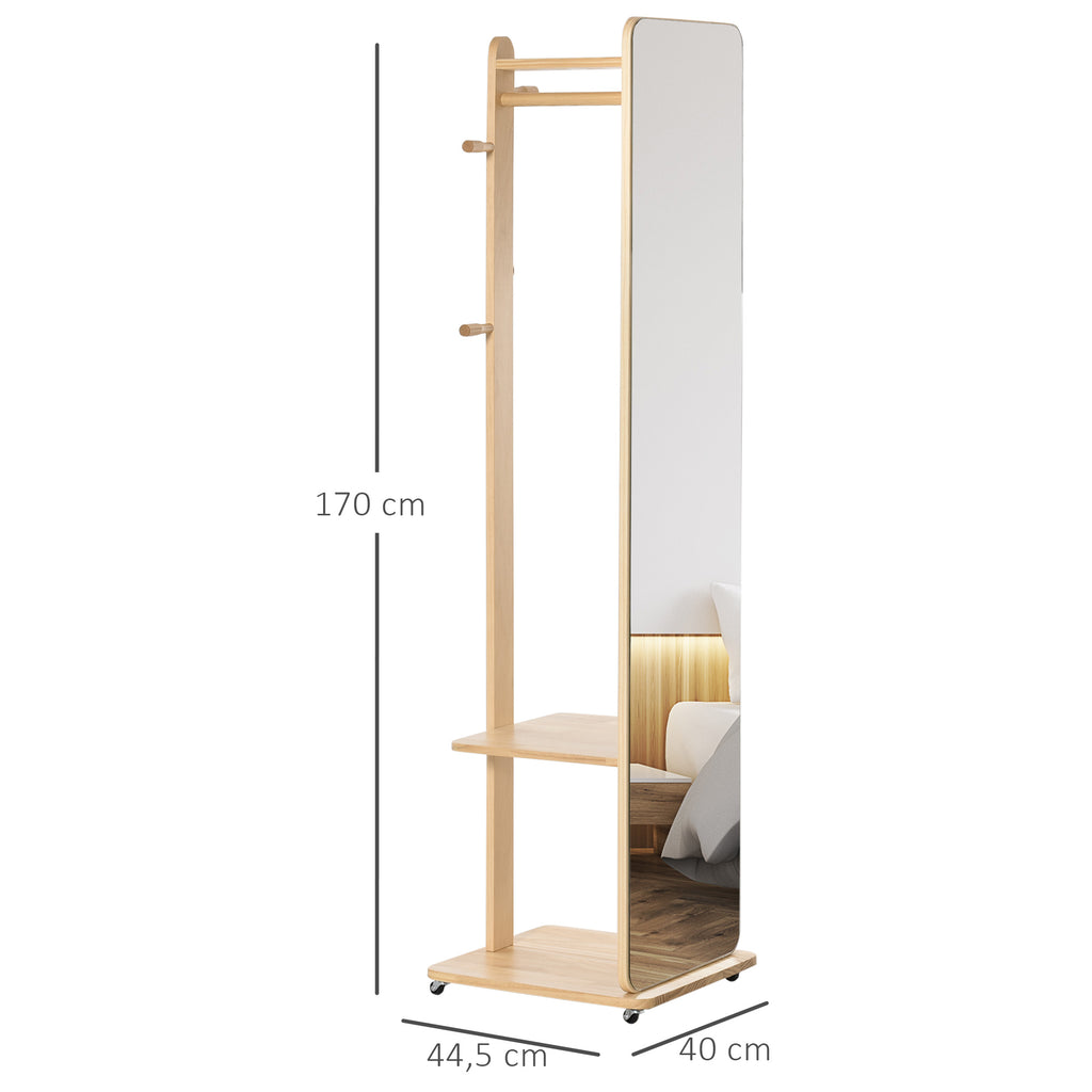 Miroir sur Pied avec roulettes - Portant, 4 patères étagère MDF Aspect Bois Clair-2
