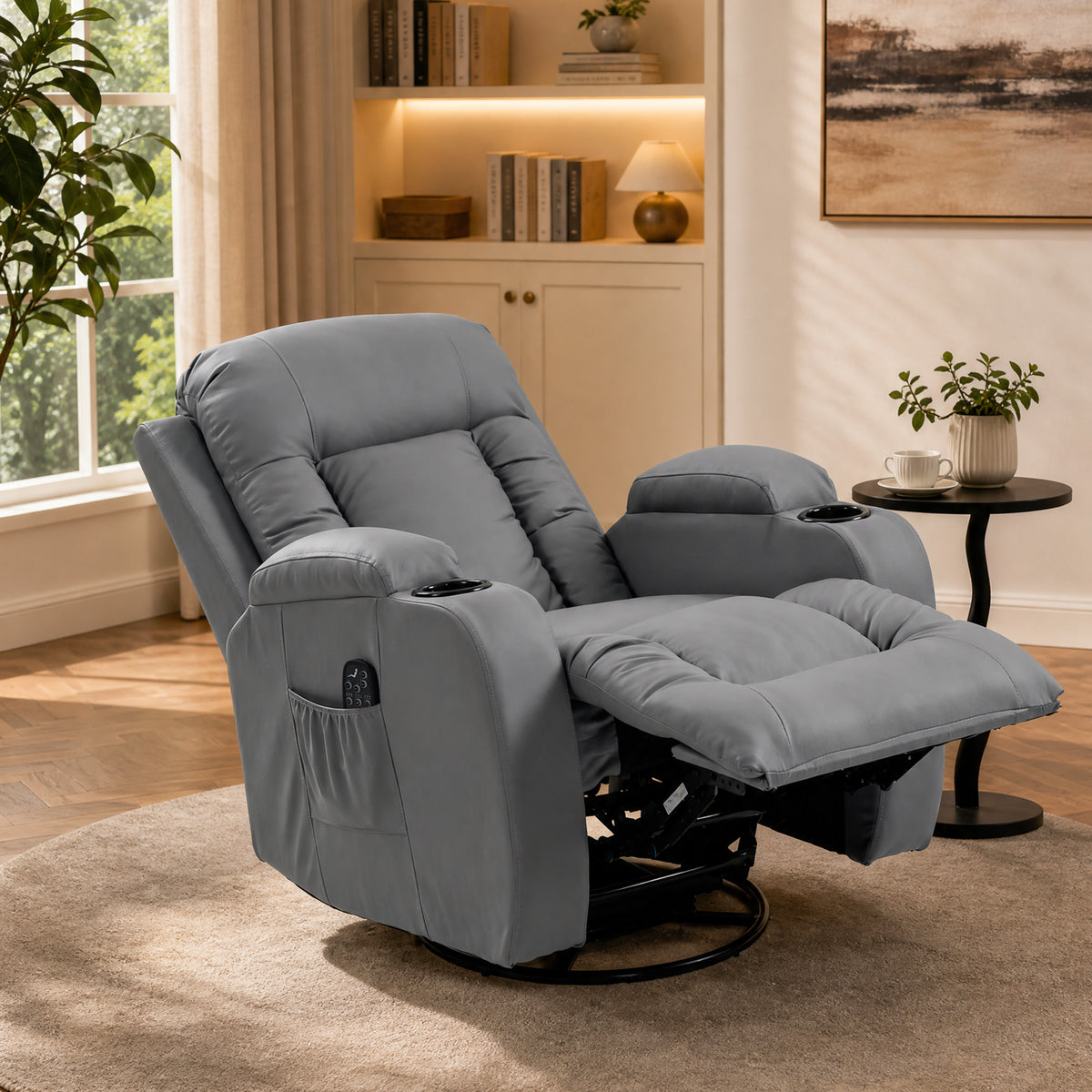 Fauteuil Inclinable de Massage et Chauffage, Fauteuil de Relaxation, Dossier Réglable, Pivotant, 82x99x103cm, Gris Clair-8