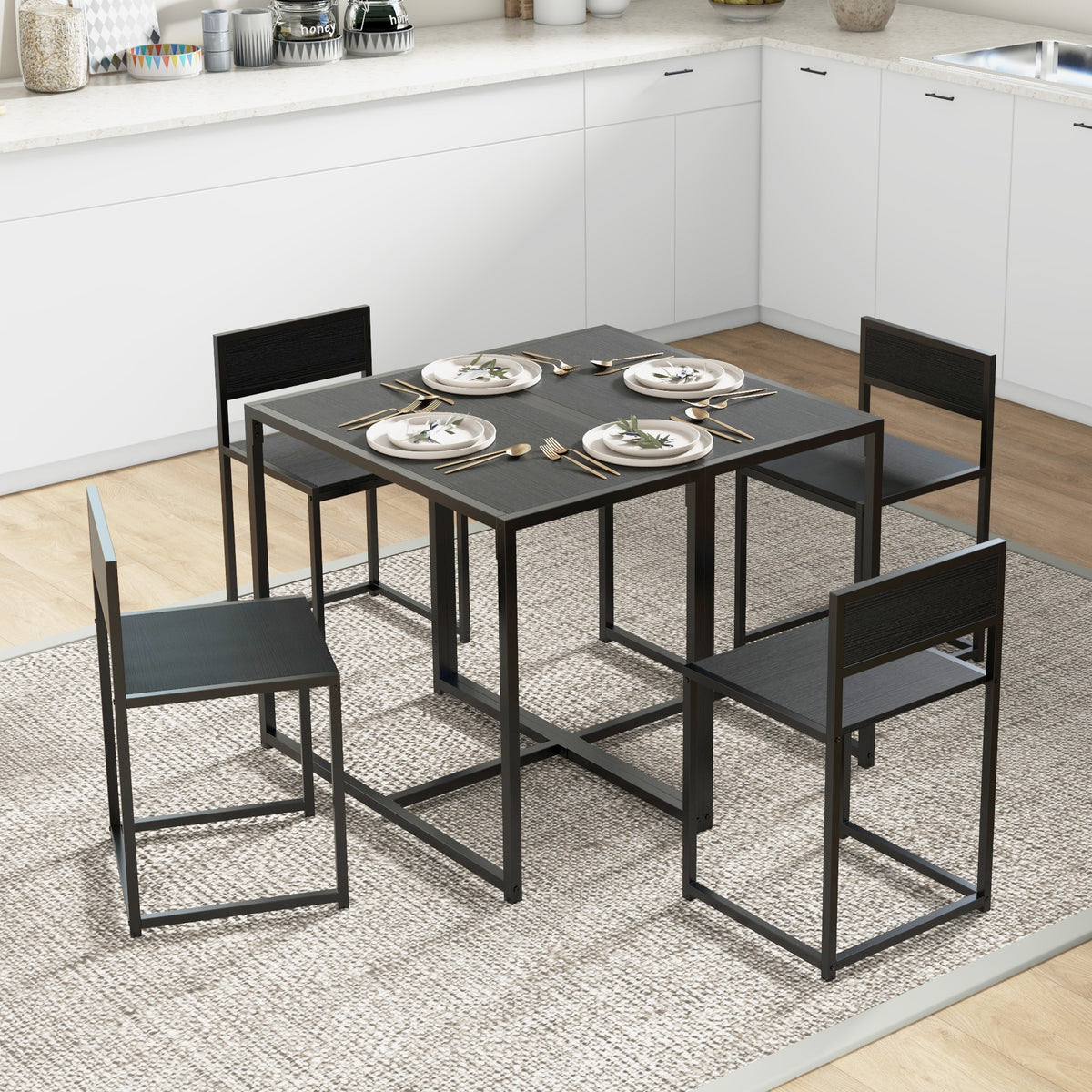 Ensemble table et chaises , table à manger 3 pièces avec 2 chaises encastrables, pour cuisine salon maison, noir-8