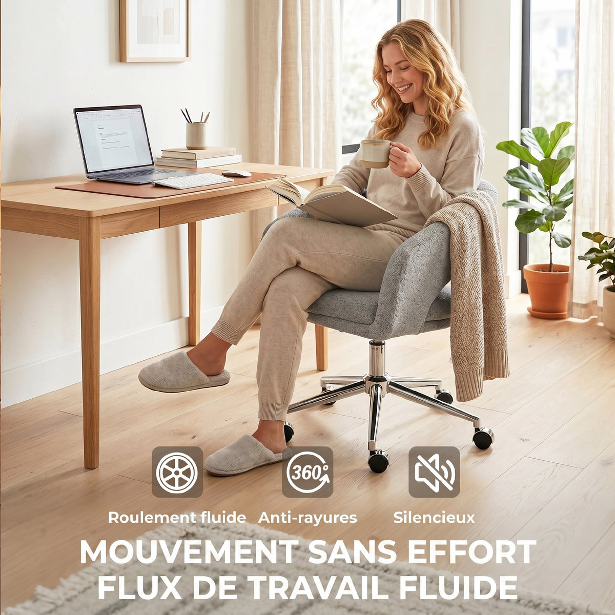 Chaise Bureau Ergonomique, Fauteuil de Bureau en Chenille avec Hauteur Réglable, Dossier Incurvé, Gris-6