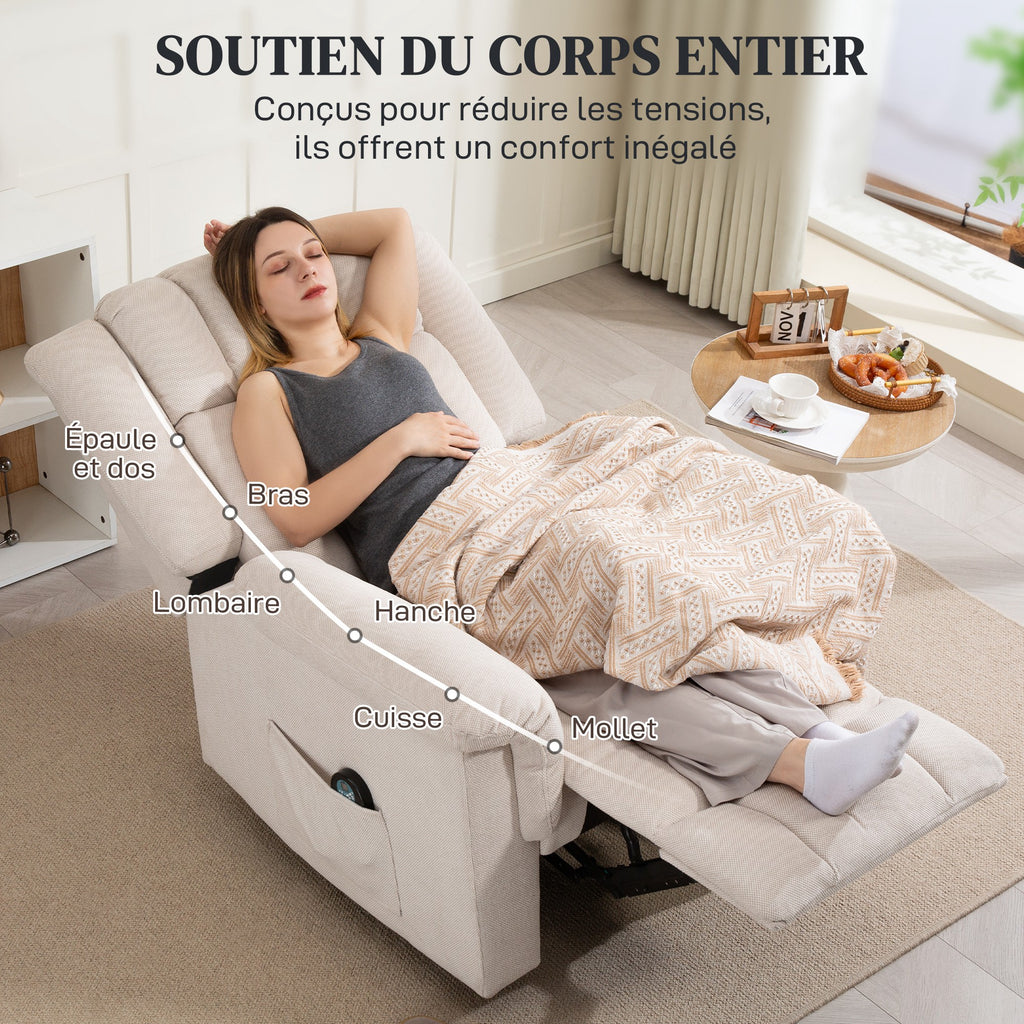 Fauteuil relax massant et chauffant, fauteuil inclinable, dossier réglable manuellement, 85x91x104cm, beige-7