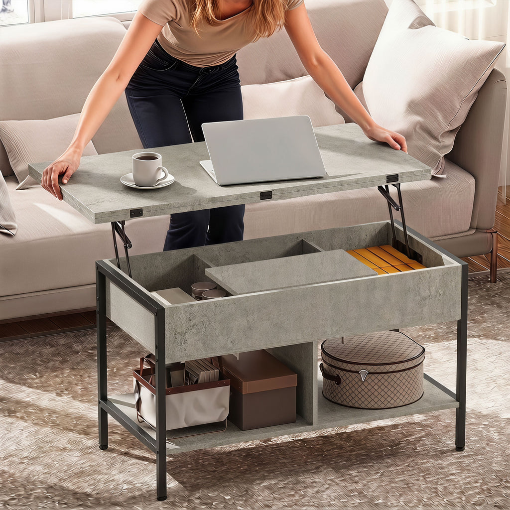 Table basse relevable et extensible, table de salon avec compartiment caché étagères ouvertes, 98x49x55cm, gris-6