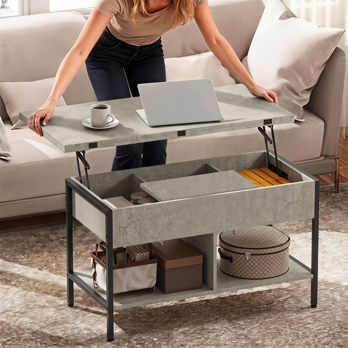 Table basse relevable et extensible, table de salon avec compartiment caché étagères ouvertes, 98x49x55cm, gris-6