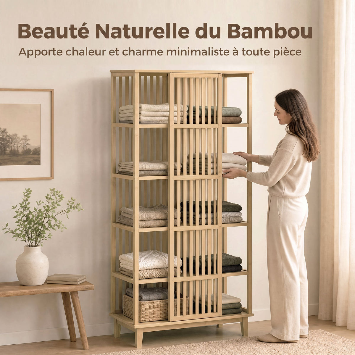 Armoire Chambre Penderie en Bambou 5 Niveaux avec Porte Coulissante, Design Aéré à Lattes, Bois Naturel-3