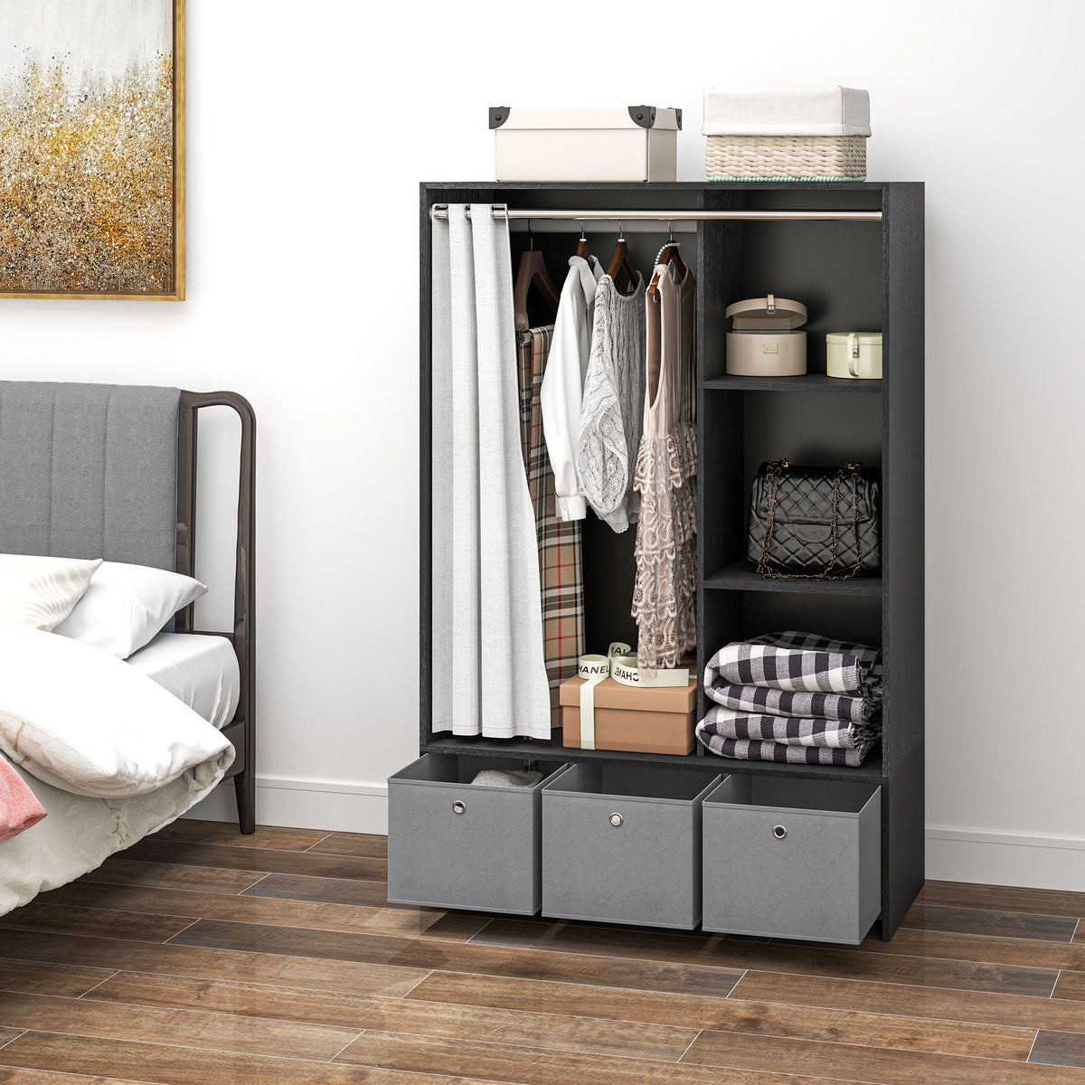 Armoire penderie armoire de rangement avec tringle rideaux 3 niches et 3 tiroirs en tissu amovibles 105 x 48 x 160 cm-8