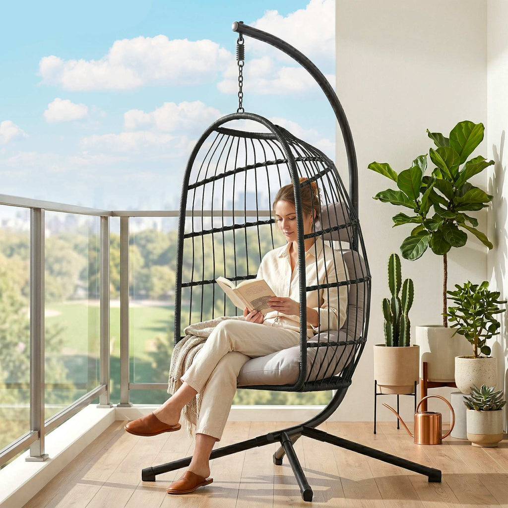 Fauteuil Œuf Suspendu Pliable avec Support Coussin 15cm et Appui-tête Gain de Place Résine Tressée 101x105x196cm Gris-8