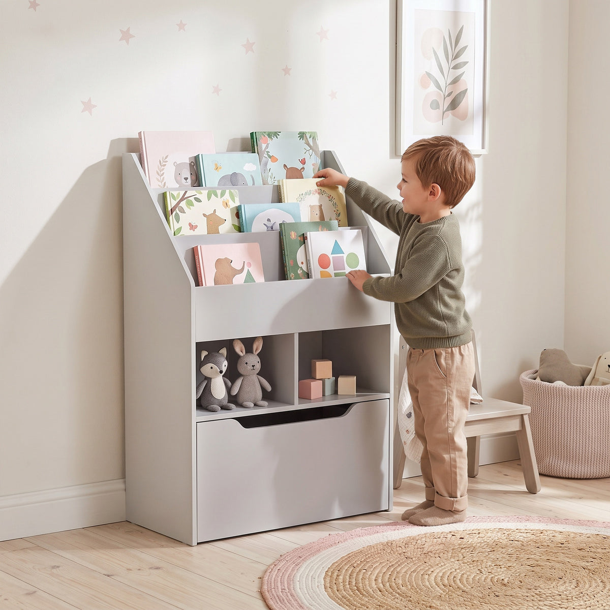 Bibliothèque étagère Multi-Rangement 3 étagères 2 niches Grand tiroir en bois Gris-9