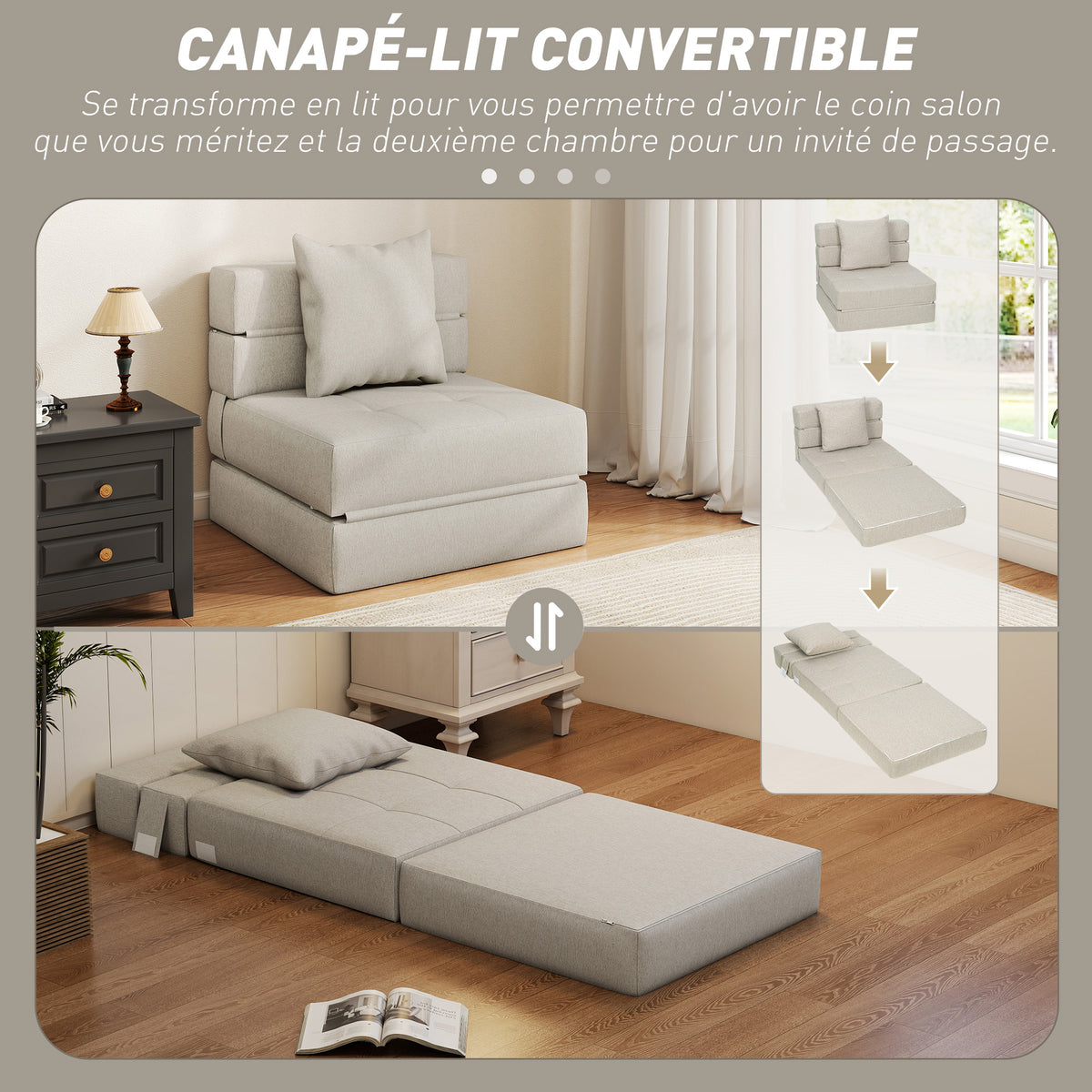 Chauffeuse canapé-lit convertible fauteuil 1 place avec 1 coussin déhoussable, tissu beige-3