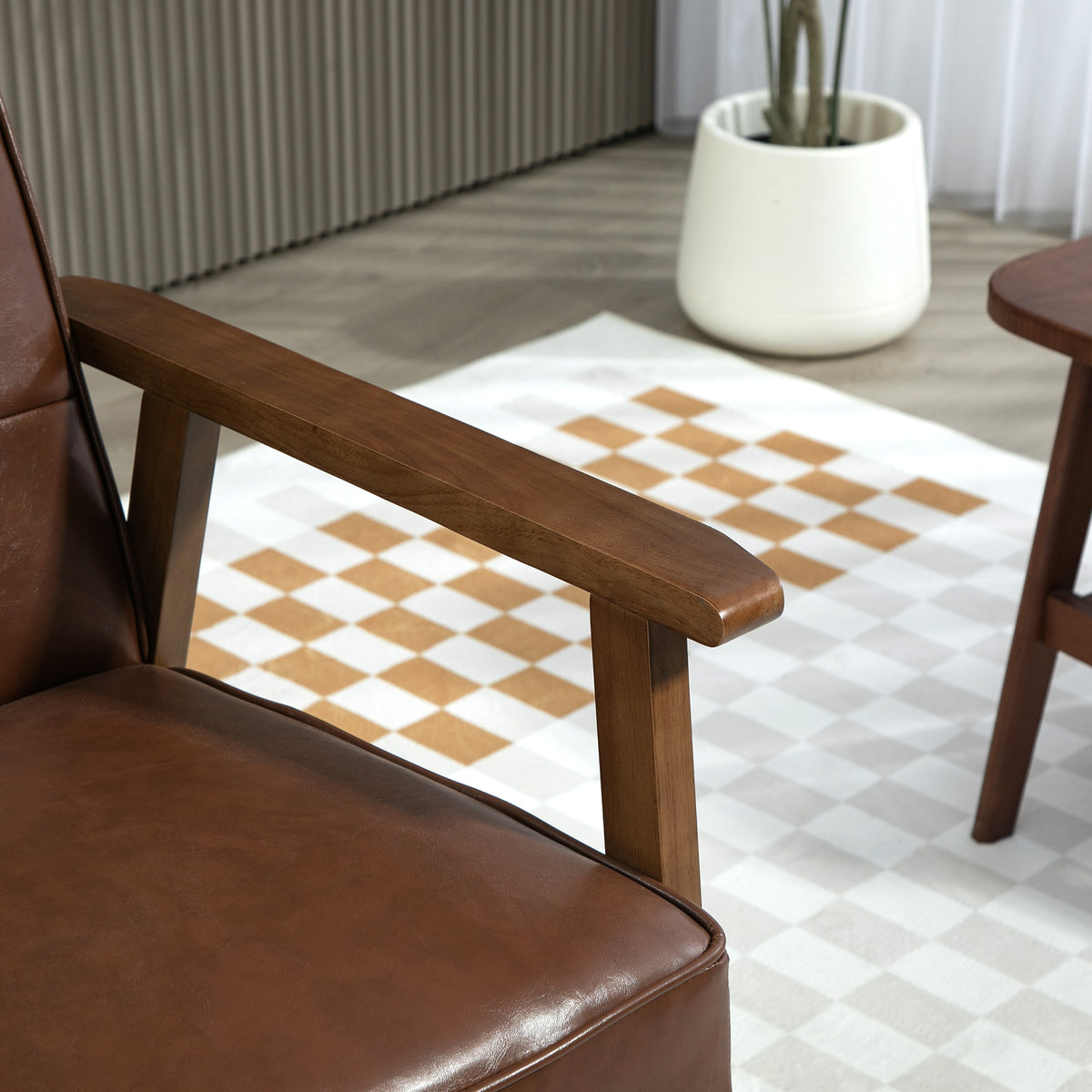 Fauteuil de salon, fauteuil de chambre en cuir synthétique, dossier capitonné, pieds en bois massif, 64x73x81cm, marron-9