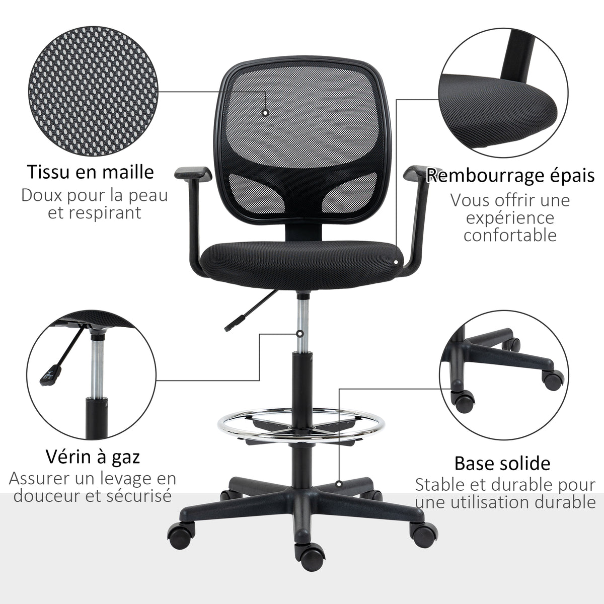Chaise bureau ergonomique, chaise de dessin, repose-pieds, dossier en maille, hauteur réglable, 64x57x110-132cm, noir-6
