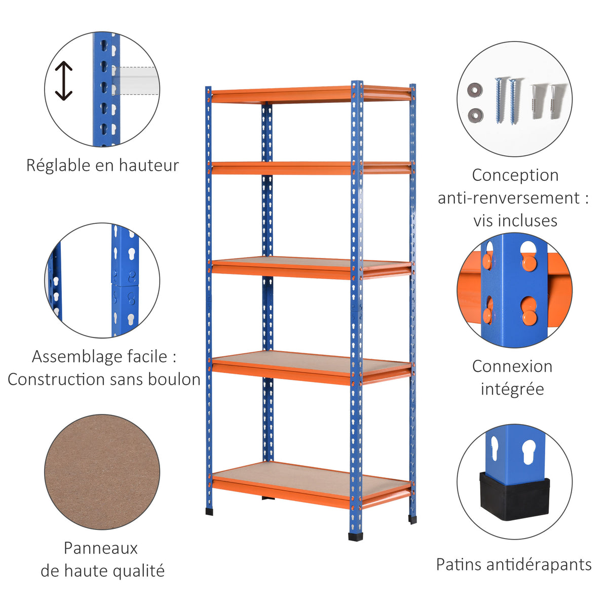 Étagère en métal de garage 5 niveaux capacité 1500 kg 80 x 40 x 182 cm bleu orange-4