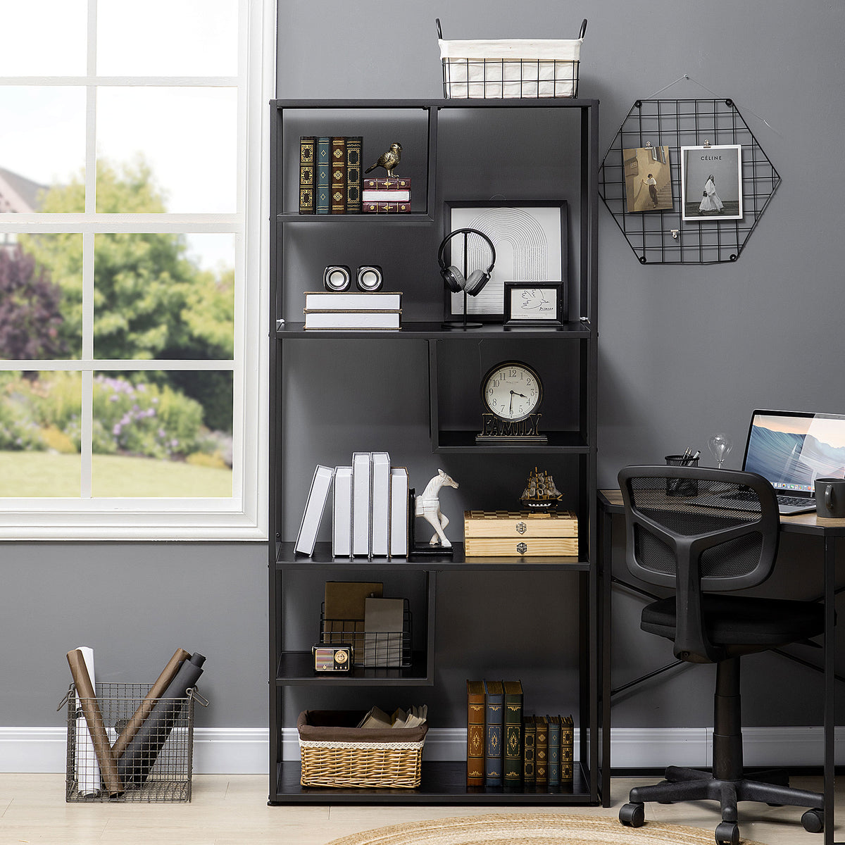 Bibliothèque étagère de rangement à 7 niveaux cadre en acier style industriel 83 x 34 x 180 cm noir-6