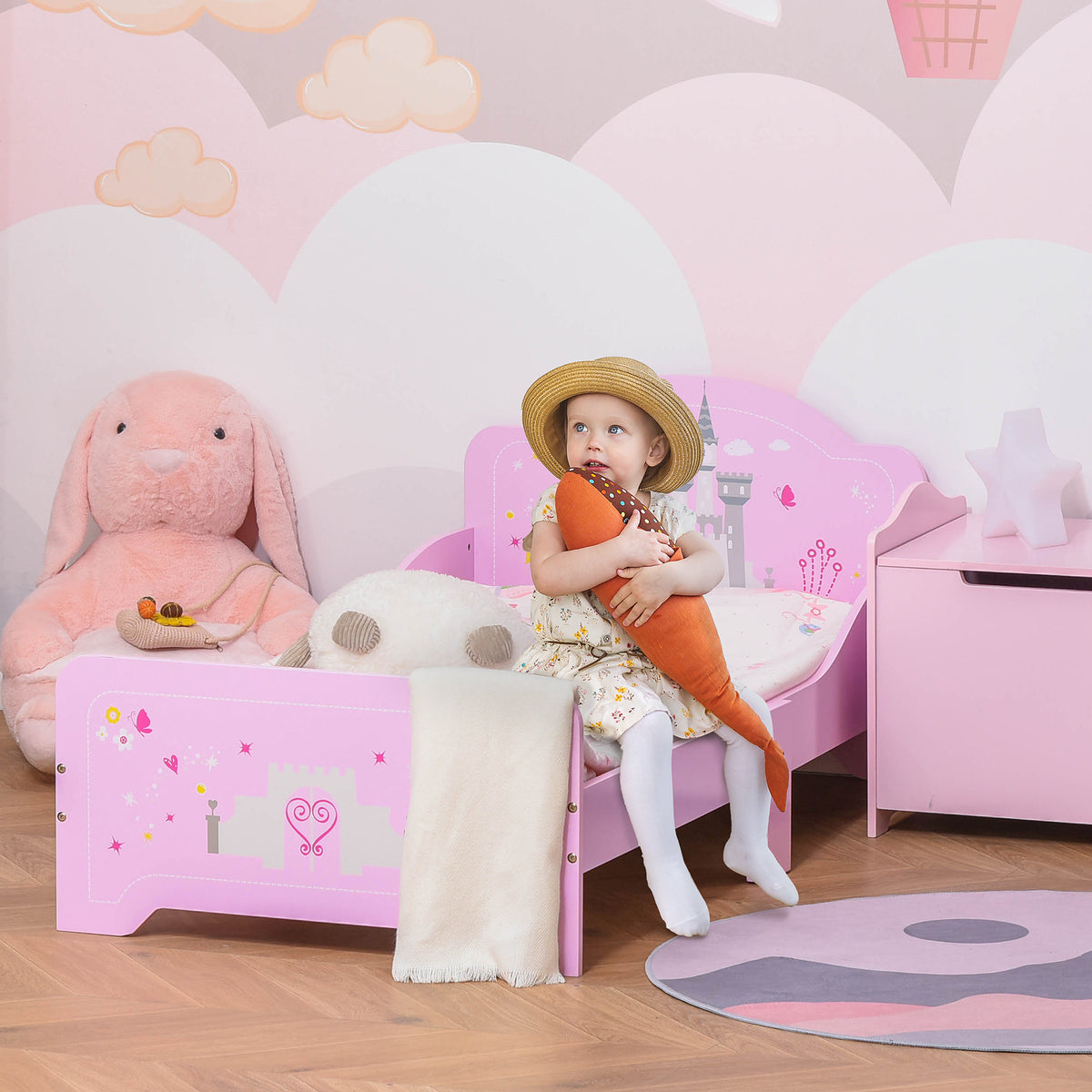 Lit Enfant 140 x 70 cm - lit d'enfant Design Princesse Motif château - sommier à Lattes Inclus - MDF Contre-plaqué Rose-1
