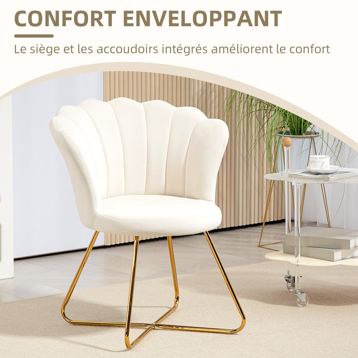 Fauteuil coquillage chaise coiffeuse fauteuil en velours fauteuil de salon avec pieds en acier 69 x 64 x 80 cm crème-3