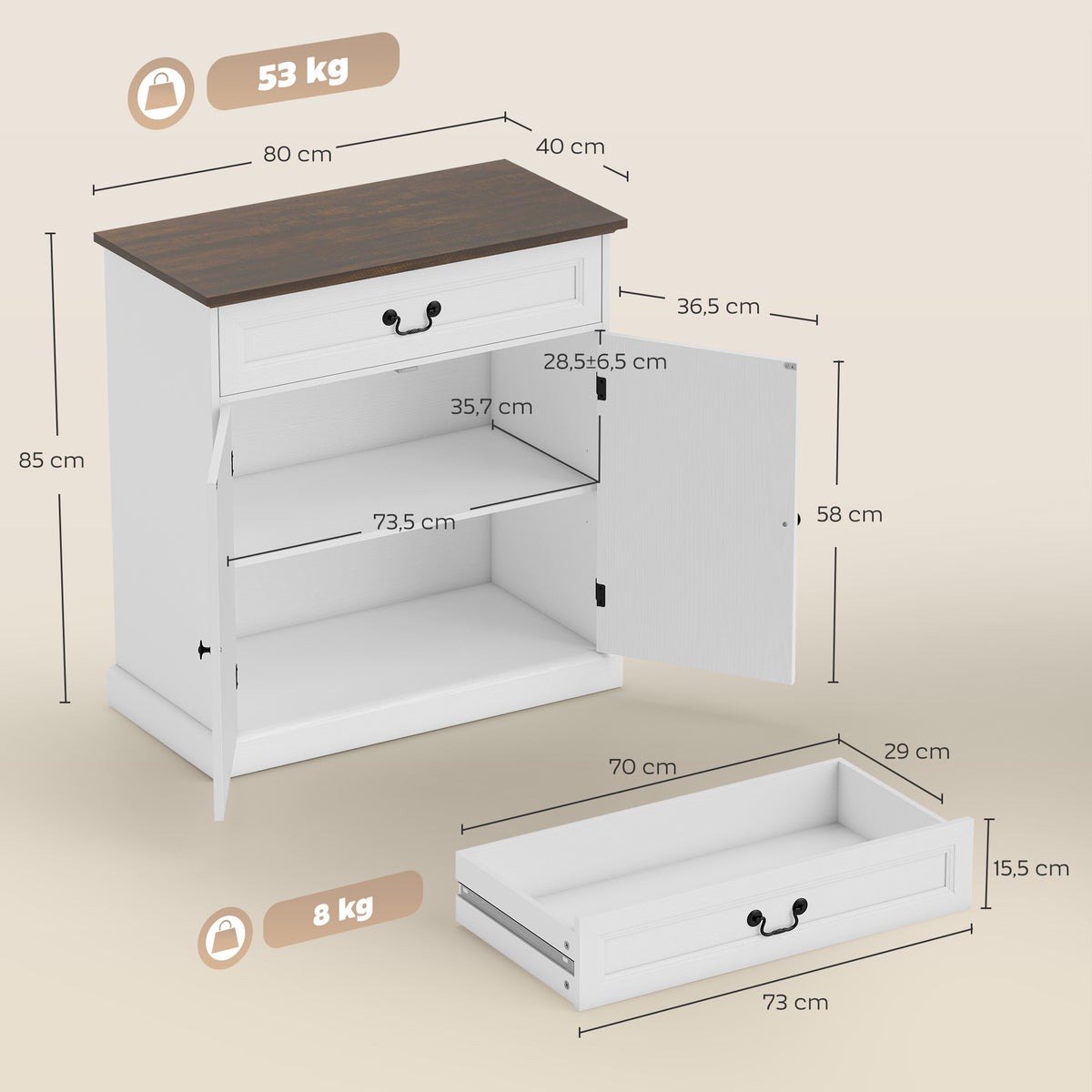 Buffet salon, meuble de rangement avec 2 portes, tiroir silencieux, étagère réglable, 80x40x85cm, blanc et marron-2