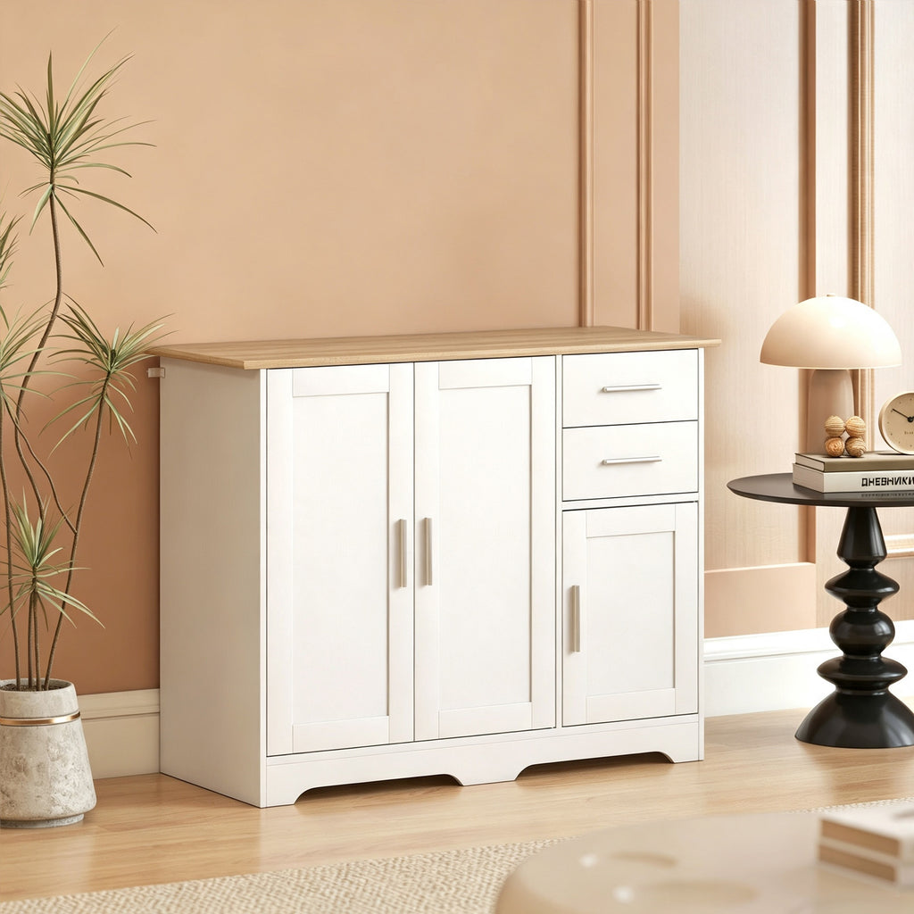 Buffet salon, meuble de rangement avec 2 tiroirs, 3 portes et étagère réglable, 100 x 40 x 78 cm, blanc et bois naturel-1