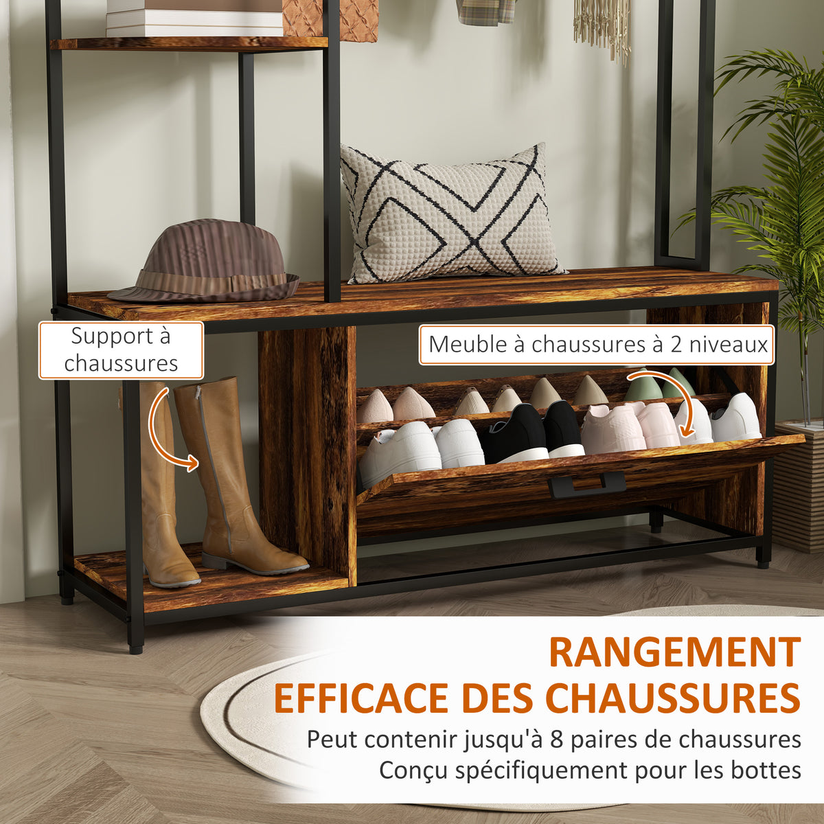 Porte-manteau avec étagère à chaussures 10 crochets, 3 étagères, armoire à chaussures rabattable 2 niveaux, marron-4