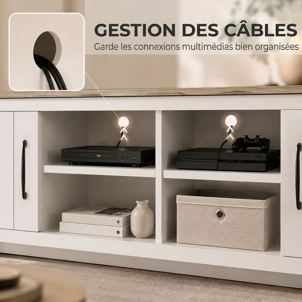 Meuble TV 175 cm, Meuble Télé pour Téléviseur jusqu'à 55 Pouces avec 2 Portes et 4 Compartiments Ouverts, Chêne et Blanc-5
