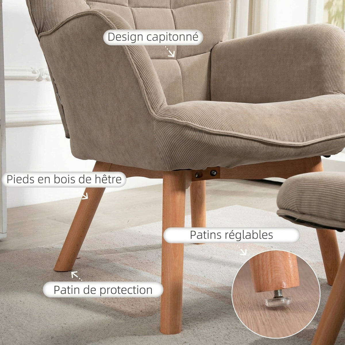 Fauteuil de Salon avec Repose-Pied, Fauteuil d'Appoint Capitonné en Velours Côtelé, Dossier Haut et Accoudoirs, Marron-4