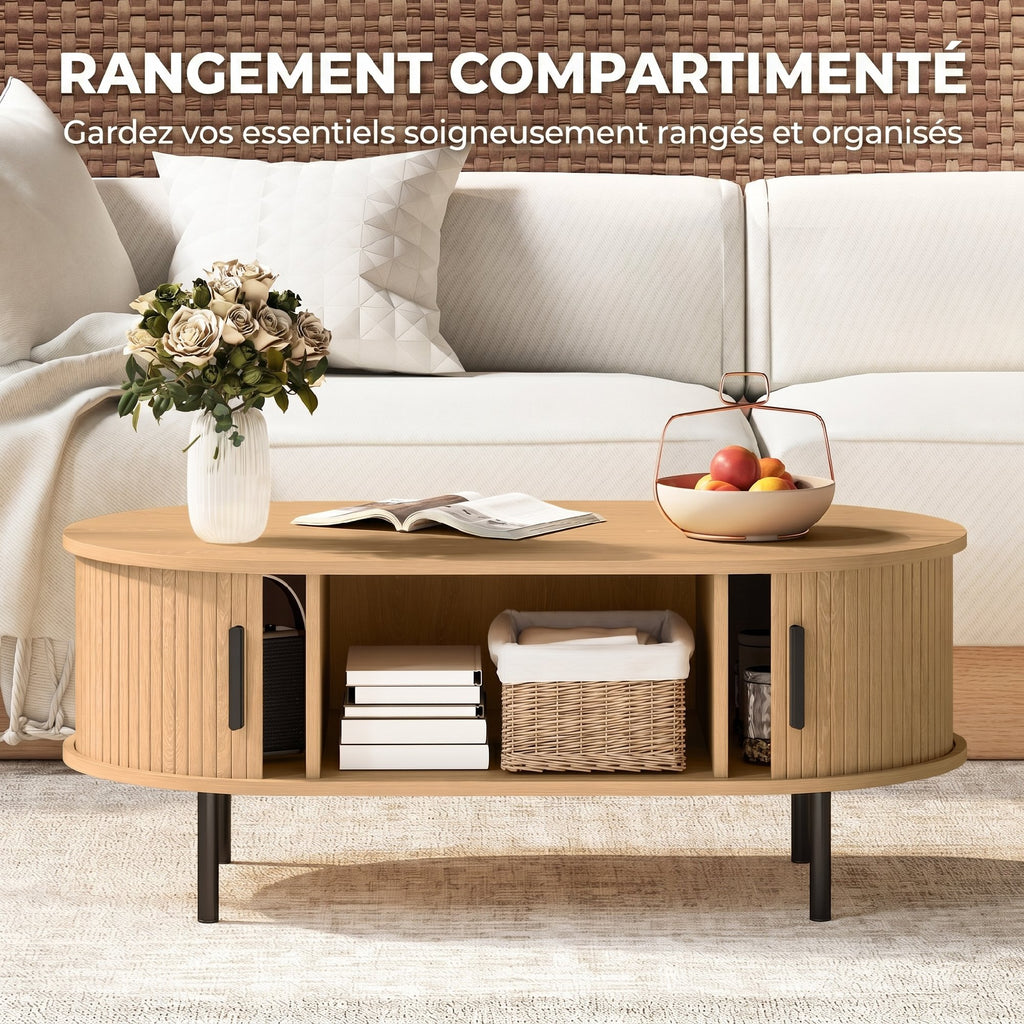 Table basse ovale en bois, table de salon moderne avec portes coulissantes et rangement caché, 100x55x40cm, bois naturel-5