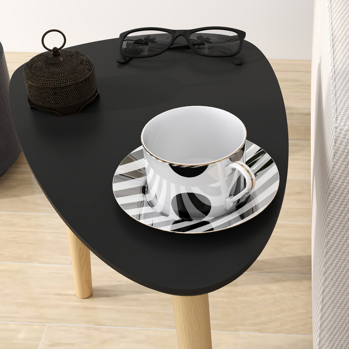 Lot de 2 tables basses gigognes design scandinave pieds en bois et plateau en bois, noir-7