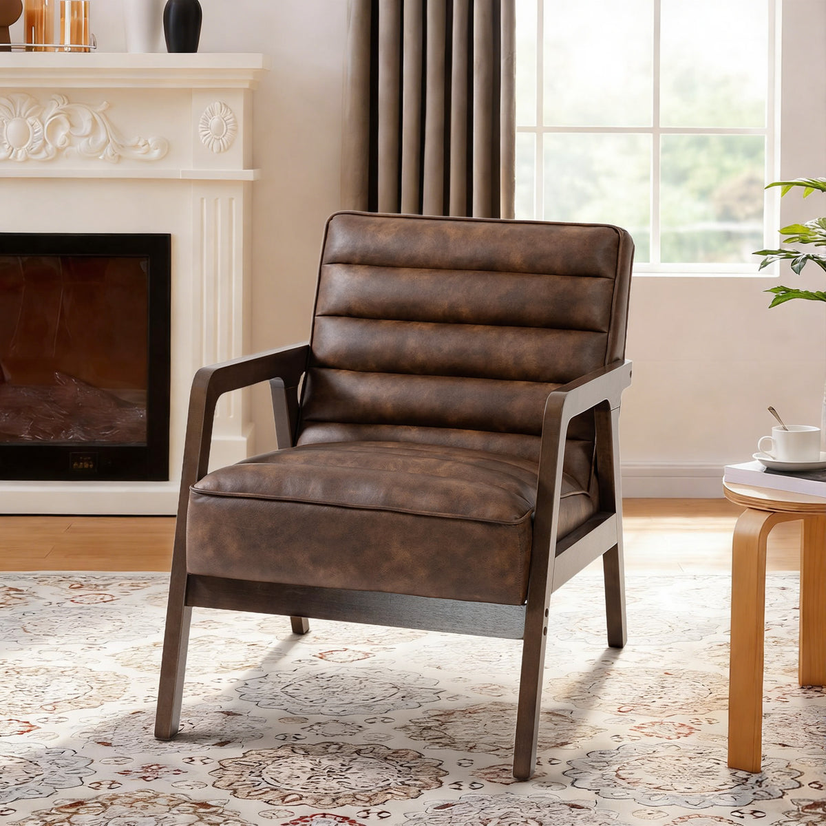 Fauteuil salon, fauteuil d'appoint rembourré en PU avec large assise, coussin épais et structure en bois massif, marron-9