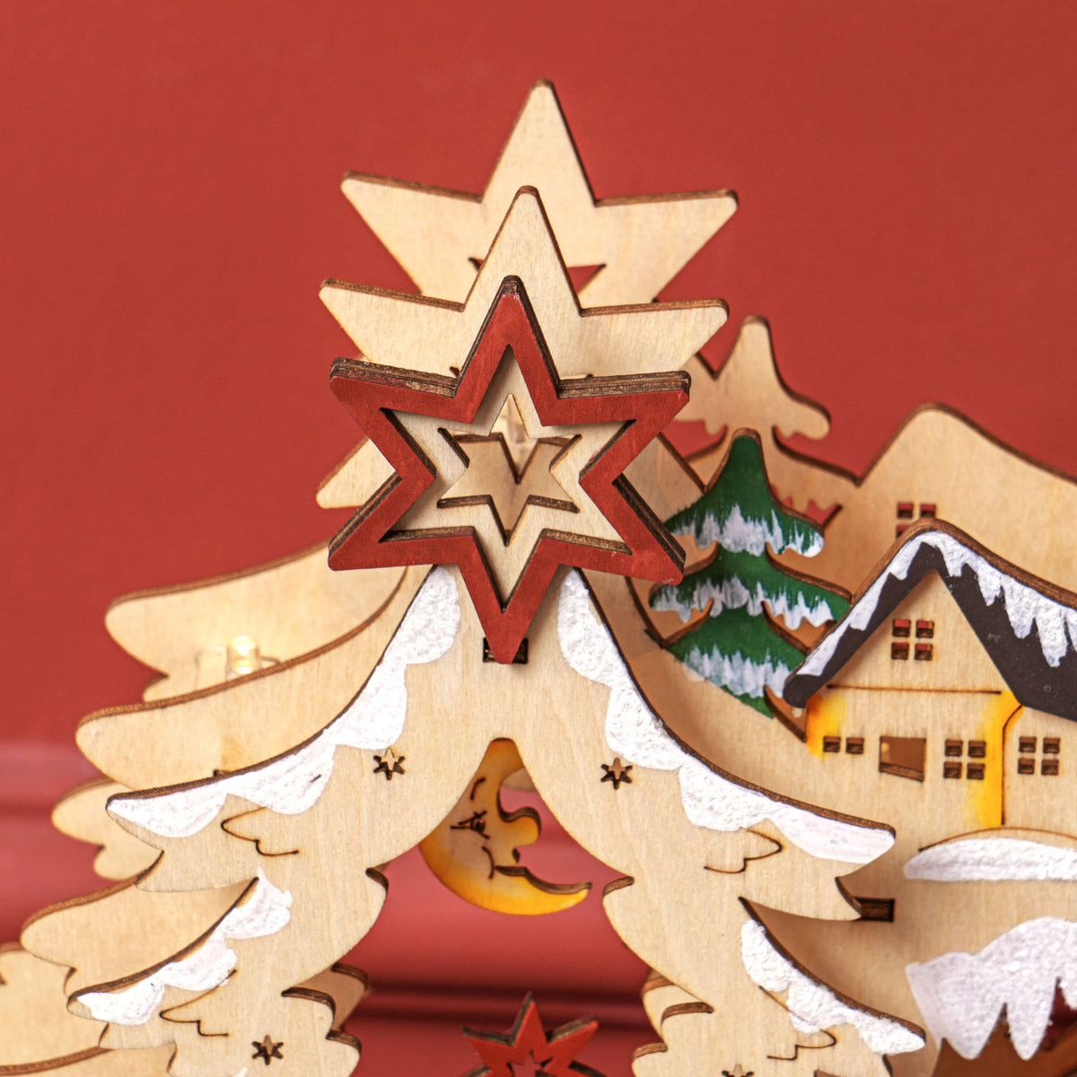 Villaggio di Natale in legno con 20 LED, paesaggio innevato, 45 × 12 × 30 cm