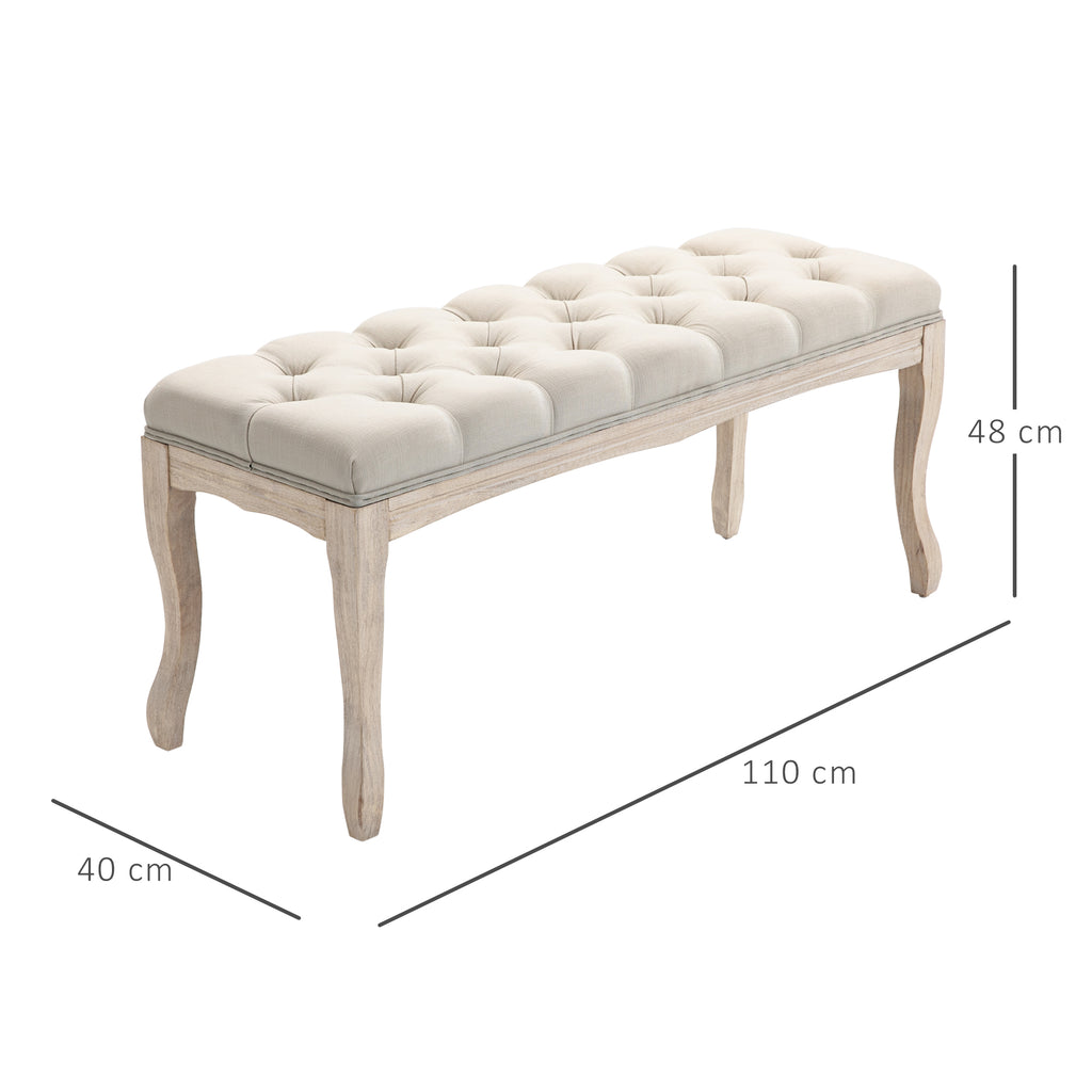 Banc Banquette capitonnée Style Classique 110 cm Bout de lit Rembourrée en lin piètement Bois hévéa sculpté Beige-2