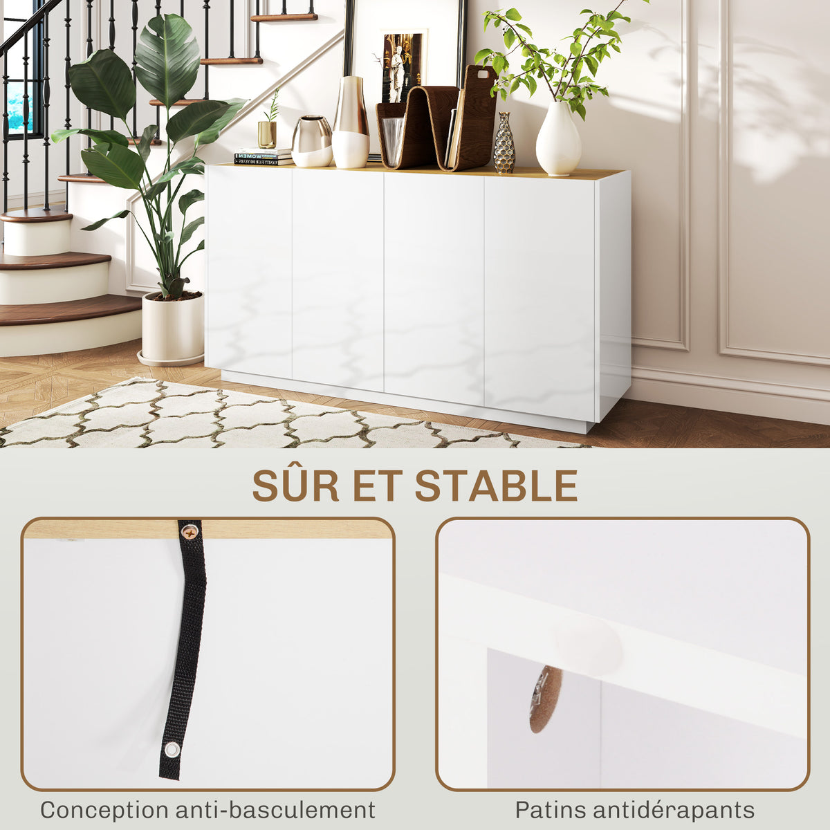 Buffet salle à manger buffet cuisine 4 portes à fermeture douce et étagères réglables 140l x 40P x 75H cm blanc laqué-6