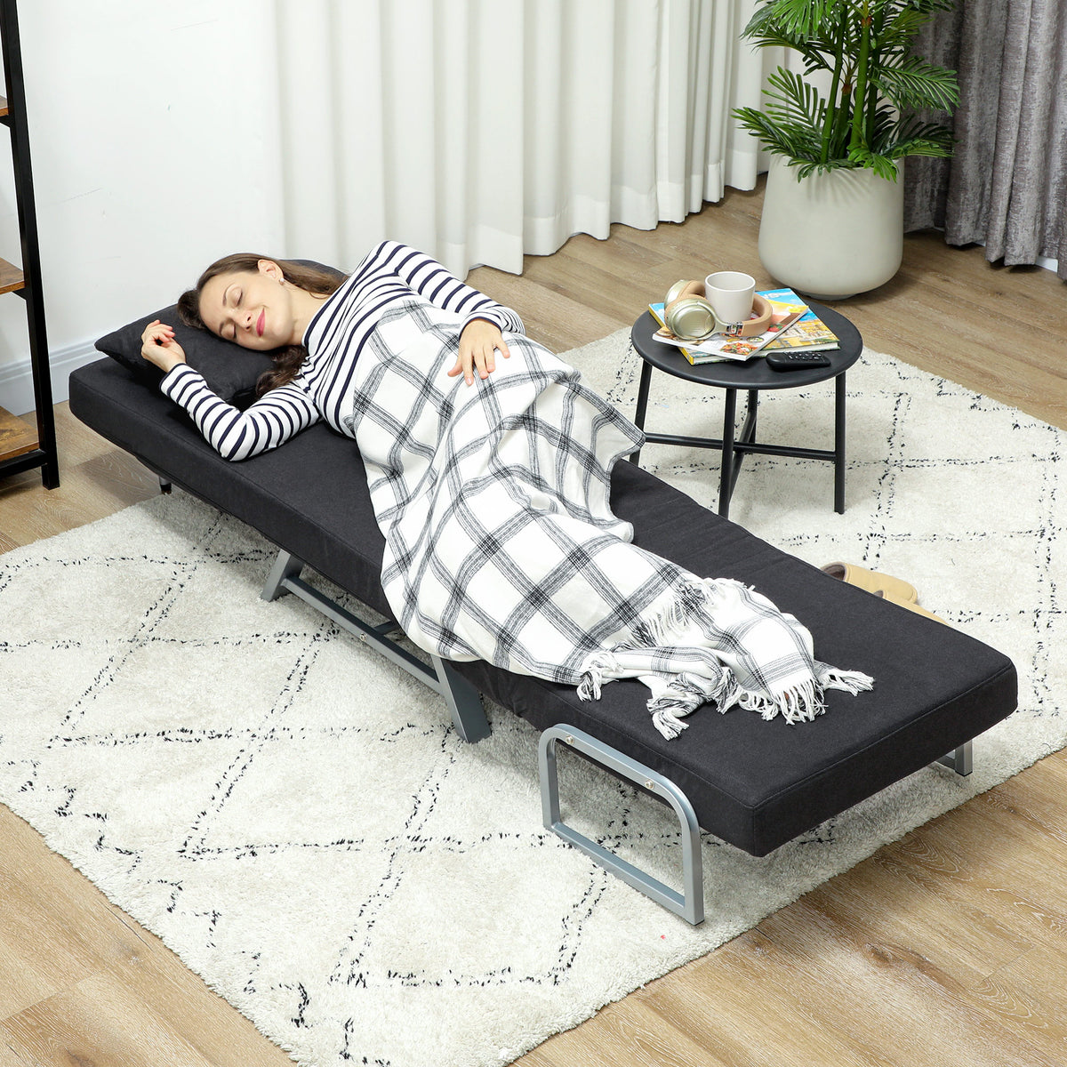 Fauteuil chauffeuse canapé-lit Convertible inclinable 1 Place Coussin lombaires accoudoirs piètement métal Lin Noir-7