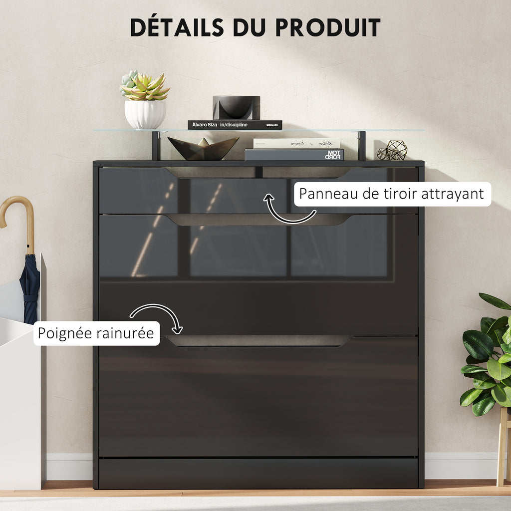 Armoire à Chaussures, 2 Tiroirs Rabattables, 1 Tiroir Coulissant, 1 Comptoir, 89x23x96cm, Noir-5