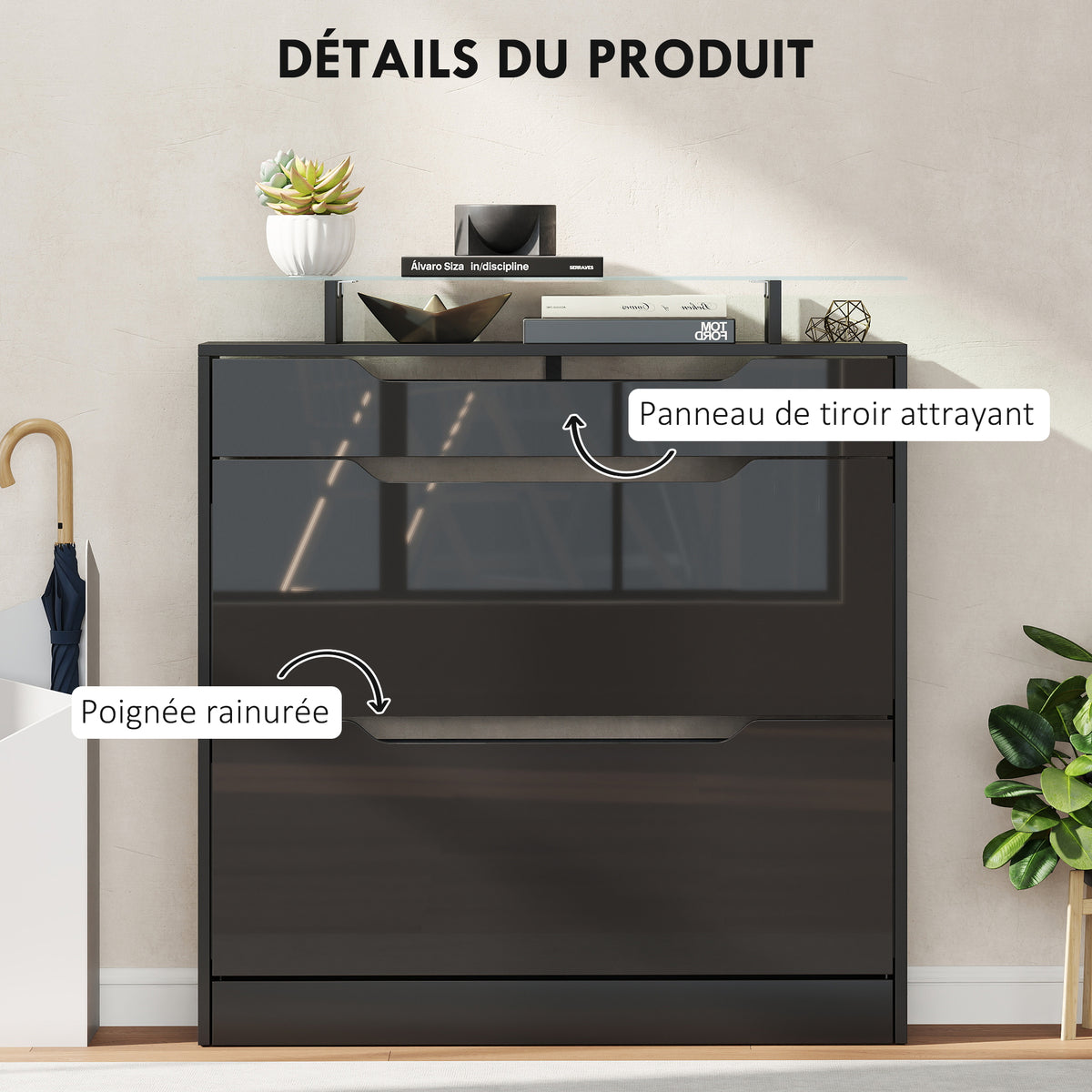 Armoire à Chaussures, 2 Tiroirs Rabattables, 1 Tiroir Coulissant, 1 Comptoir, 89x23x96cm, Noir-5