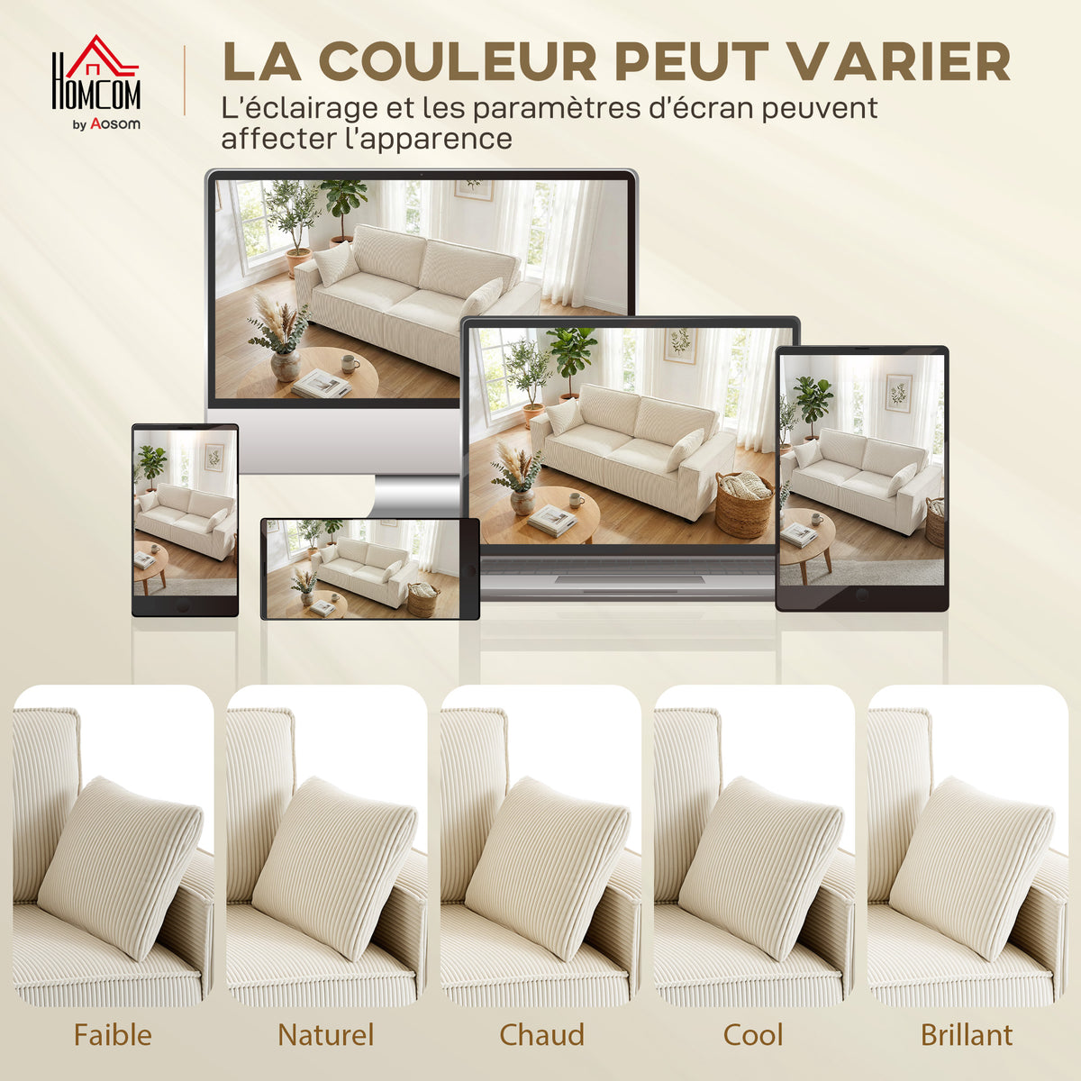 Canapé 3 places en velours côtelé 218 cm, canapé salon,  coussins à ressorts, larges accoudoirs, 2 coussins, beige-5