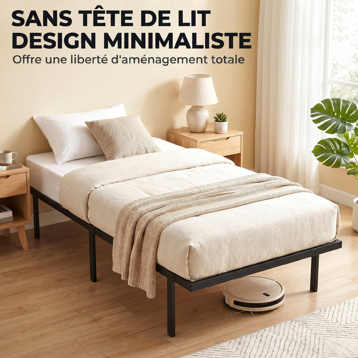 Cadre de lit 90 x 200 cm avec sommier en métal, lit simple avec rangement au-dessous, sans bruit, montage facile, noir-5