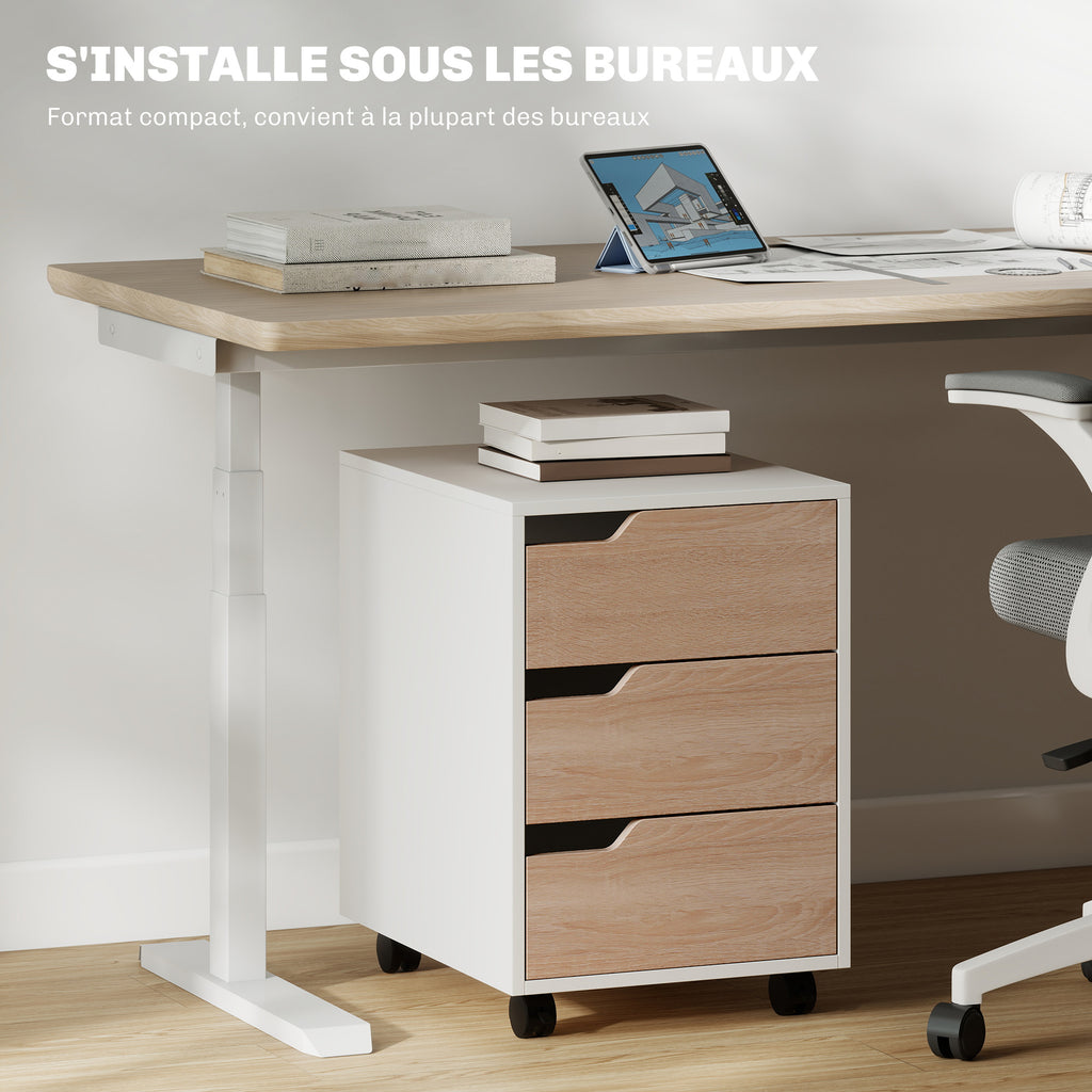 Caisson bureau mobile, meuble rangement bureau sur roulettes, 3 tiroirs, 40x50x57,5cm, blanc et chêne-4