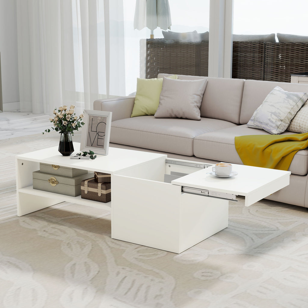 Table basse rectangulaire, table d'appoint plateau coulissant, rangement caché, étagère ouverte, 110 x 52 x 36 cm, blanc-8