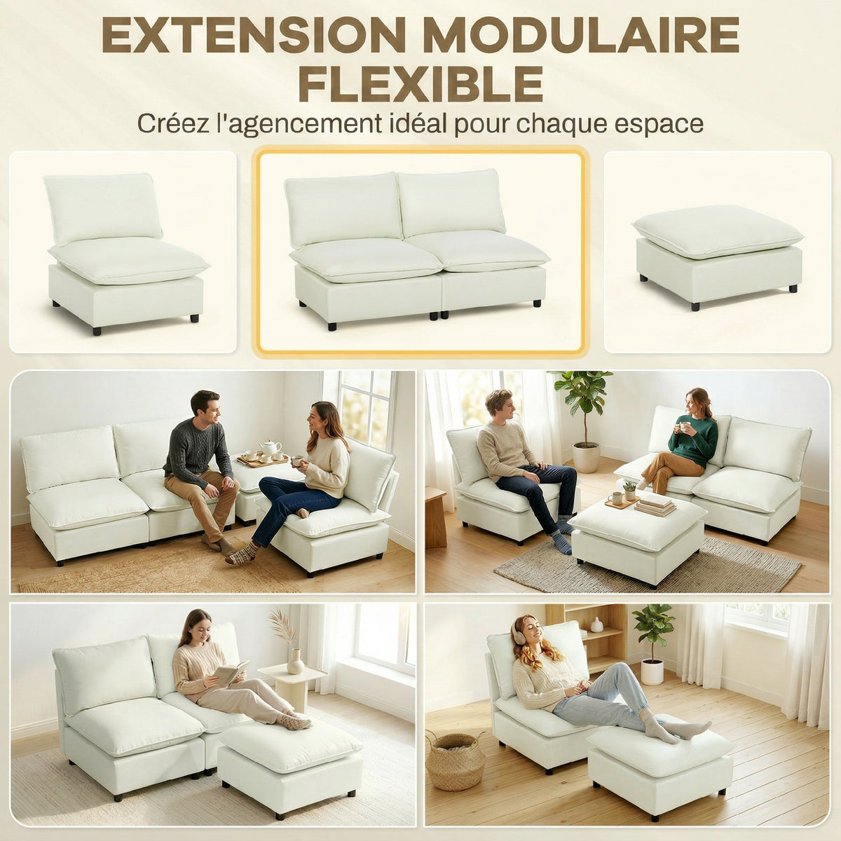 Canapé 2 places modulable, canapé de salon moderne 146 cm sans accoudoirs avec assise large, coussins épais, crème-3