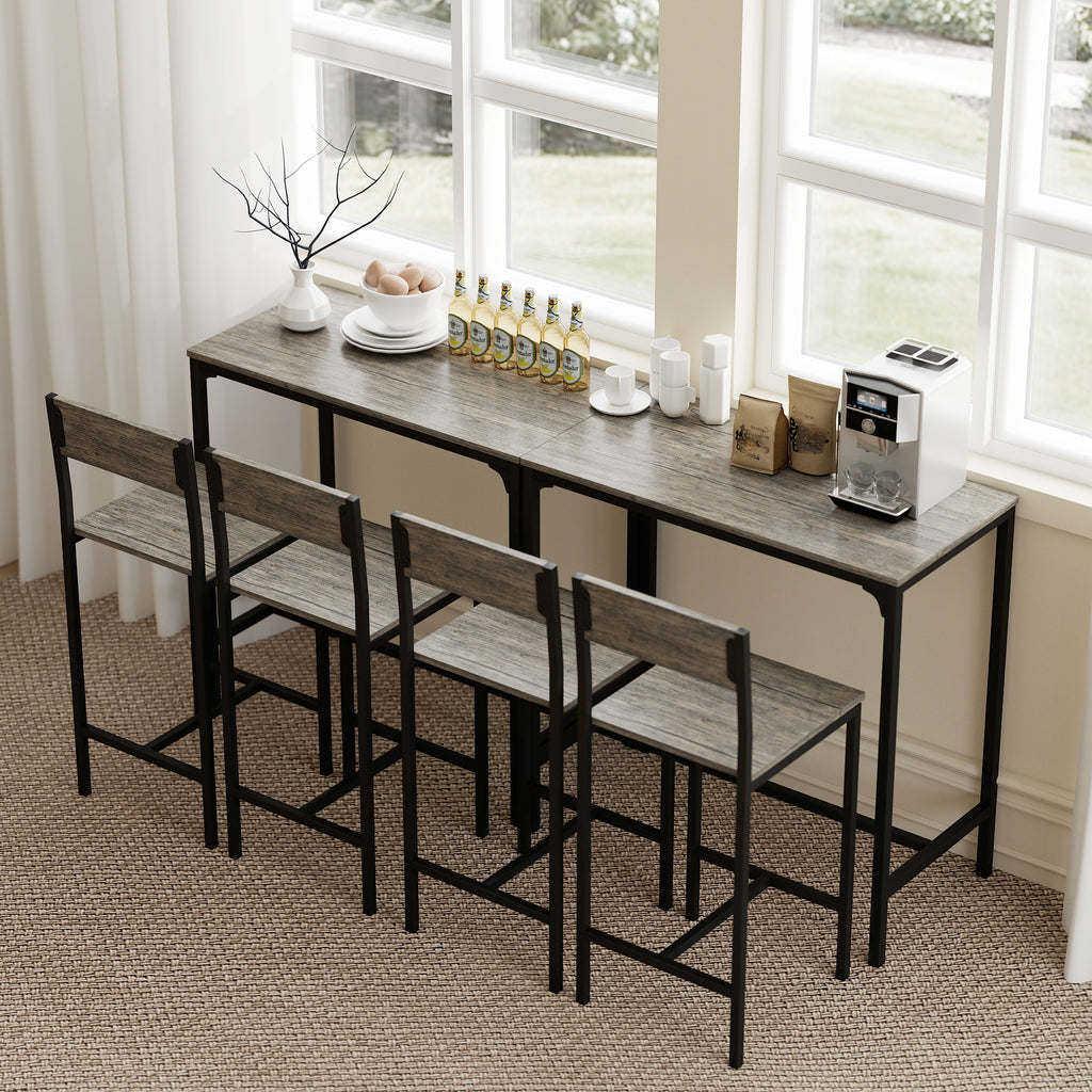 Ensemble table de bar avec tabourets, table à manger debout avec 2 chaises de bar, repose-pieds et dossiers, gris-7