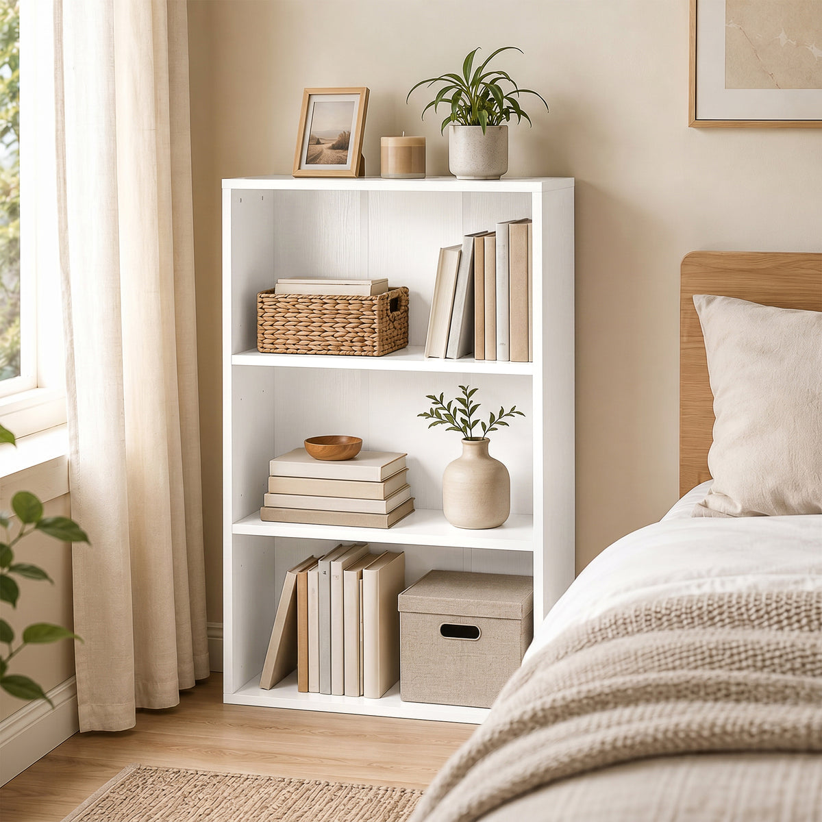 Bibliothèque étagère de rangement avec 3 compartiments et étagère réglable, 60 x 24 x 93 cm, blanc-6