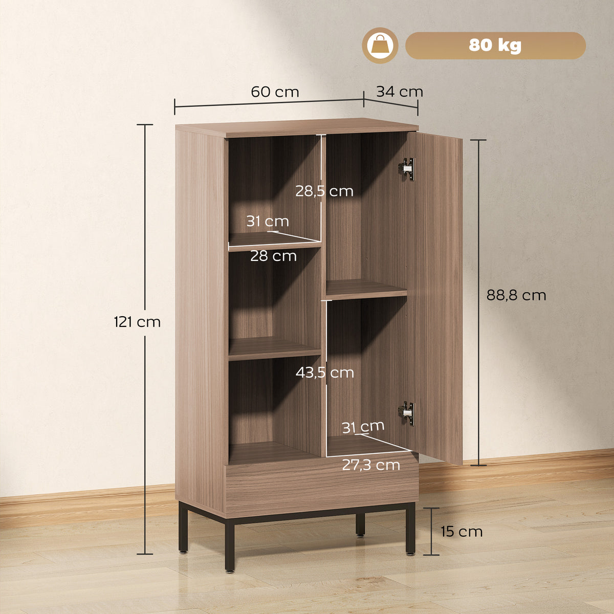 Buffet meuble de rangement avec placard à portes, tiroir, 3 compartiments ouverts et étagères réglables, gris-2