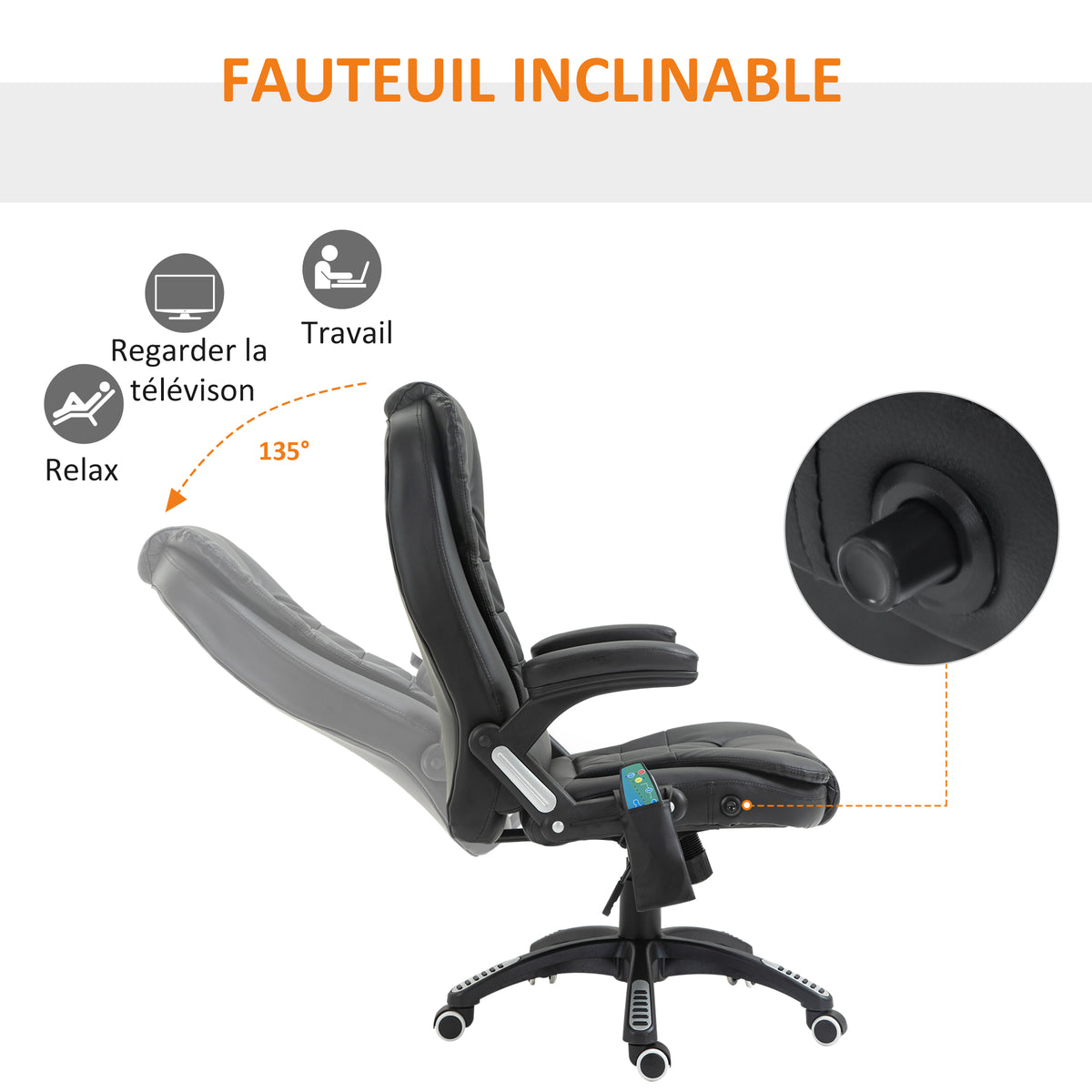Fauteuil de bureau massant et chauffant électrique fauteuil bureau ergonomique revêtement synthétique noir-6