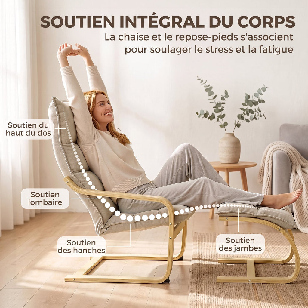 Fauteuil de Salon avec Repose-Pied, Fauteuil d'Appoint en Lin, Assise Large, Dossier Haut, Bascule Douce, Beige-5