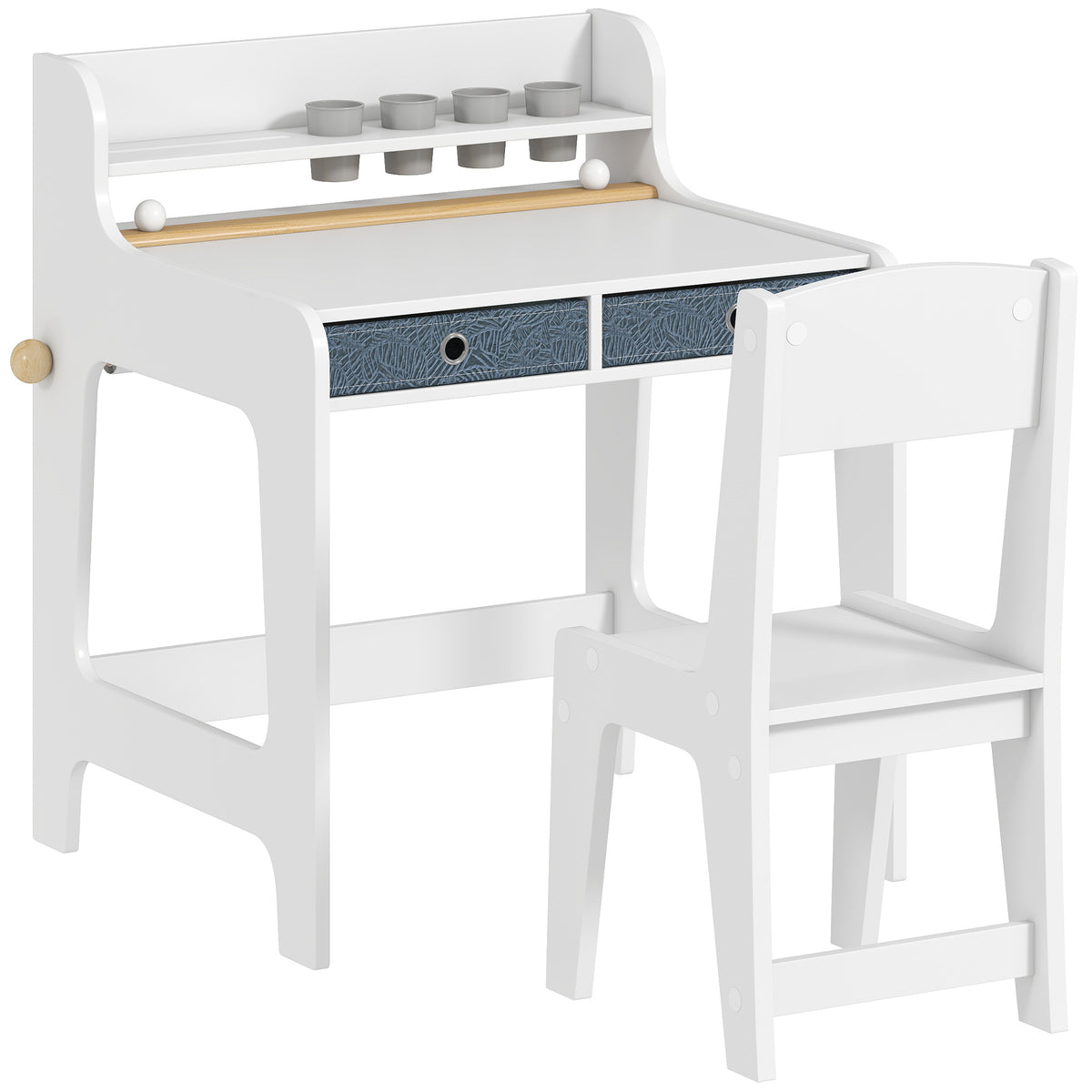 Bureau enfant avec chaise, table enfant et chaise avec 2 tiroirs en tissu et porte-gobelet, 62,8x55,6x73,8cm, blanc-0