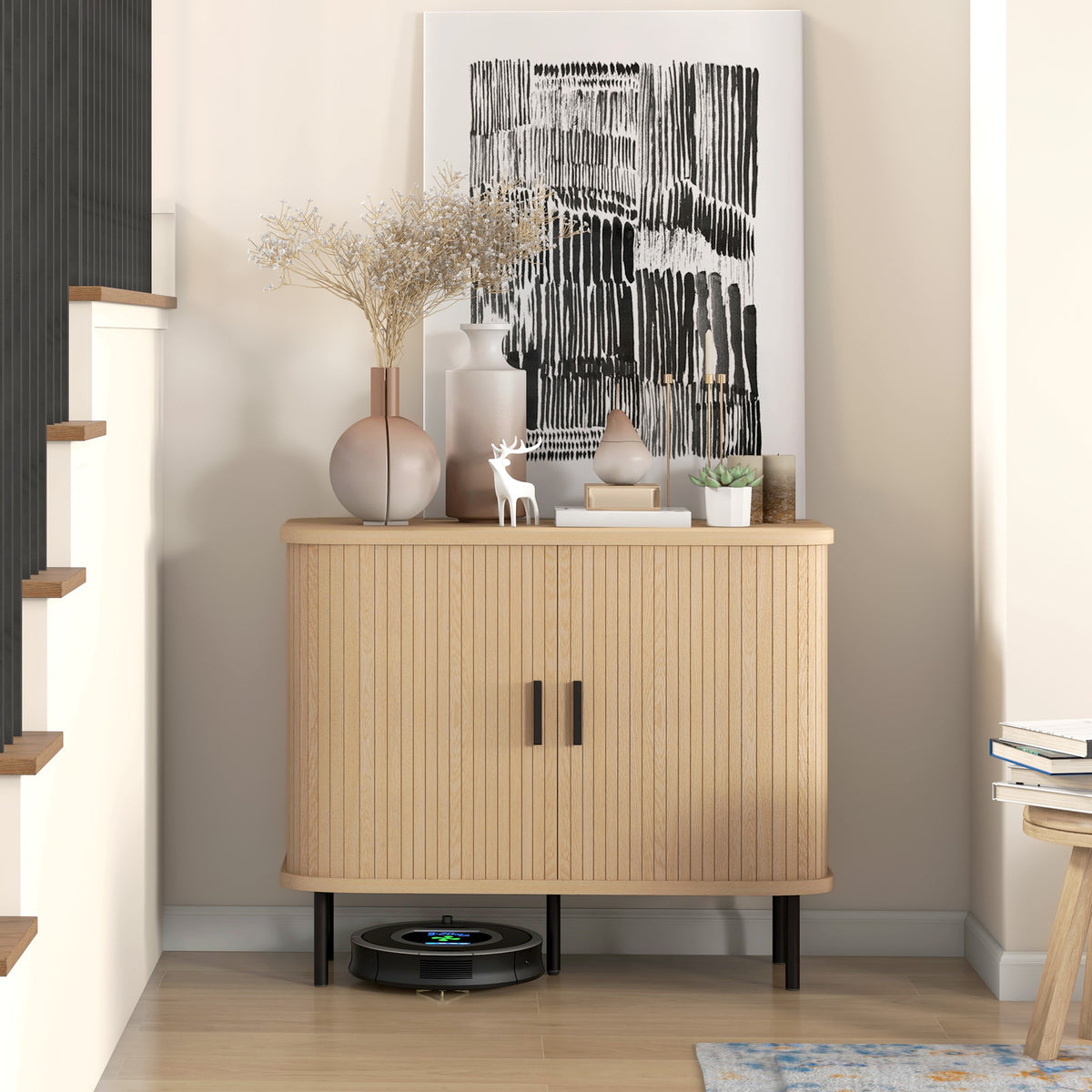 Buffet meuble de rangement avec portes coulissantes à lattes, armoire de cuisine avec pieds en acier, ton chêne-9