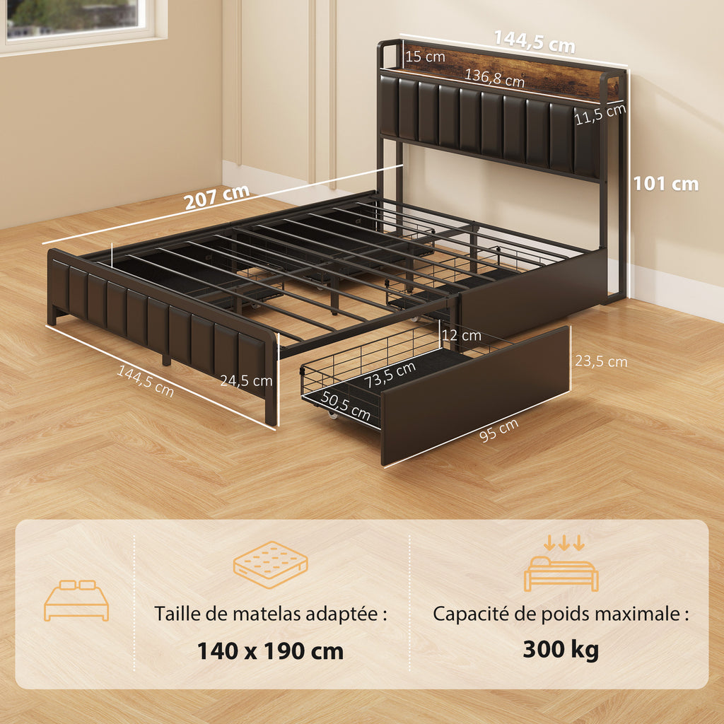Cadre de lit 140 x 190 cm avec sommier à lattes en métal, lit double rembourré avec 4 tiroirs et étagère, noir-2