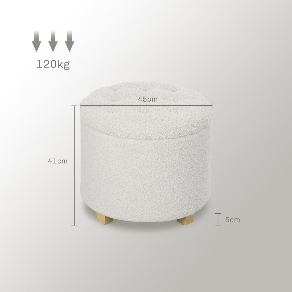 Pouf coffre rangement, tabouret rond, pouf repose-pieds en tissu bouclette, charge 120 Kg, Ø 45 x 41 cm, blanc-2