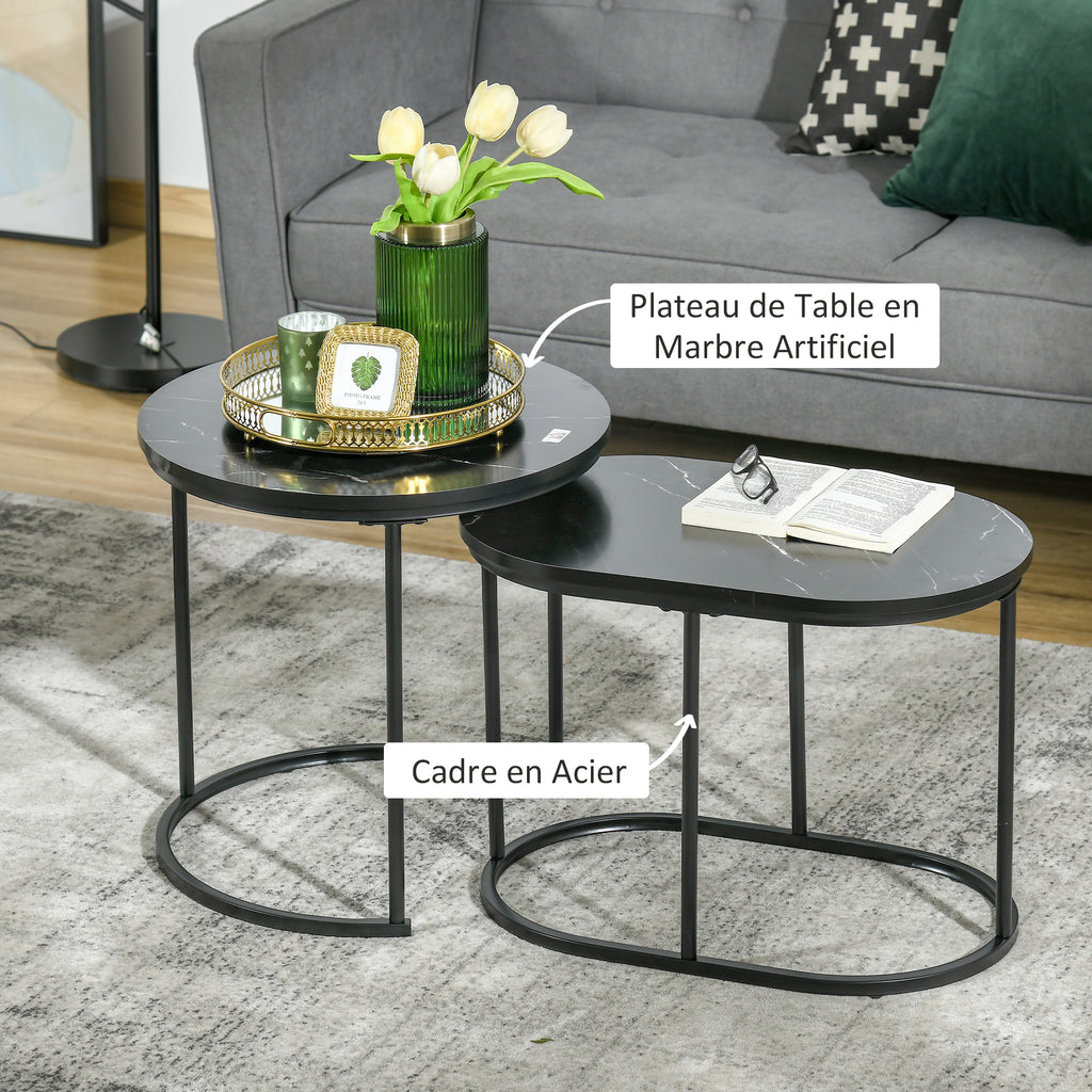 Lot de 2 tables basses tables d'appoint gigognes en acier et plateau MDF aspect marbre - table ronde et ovale - noir-4
